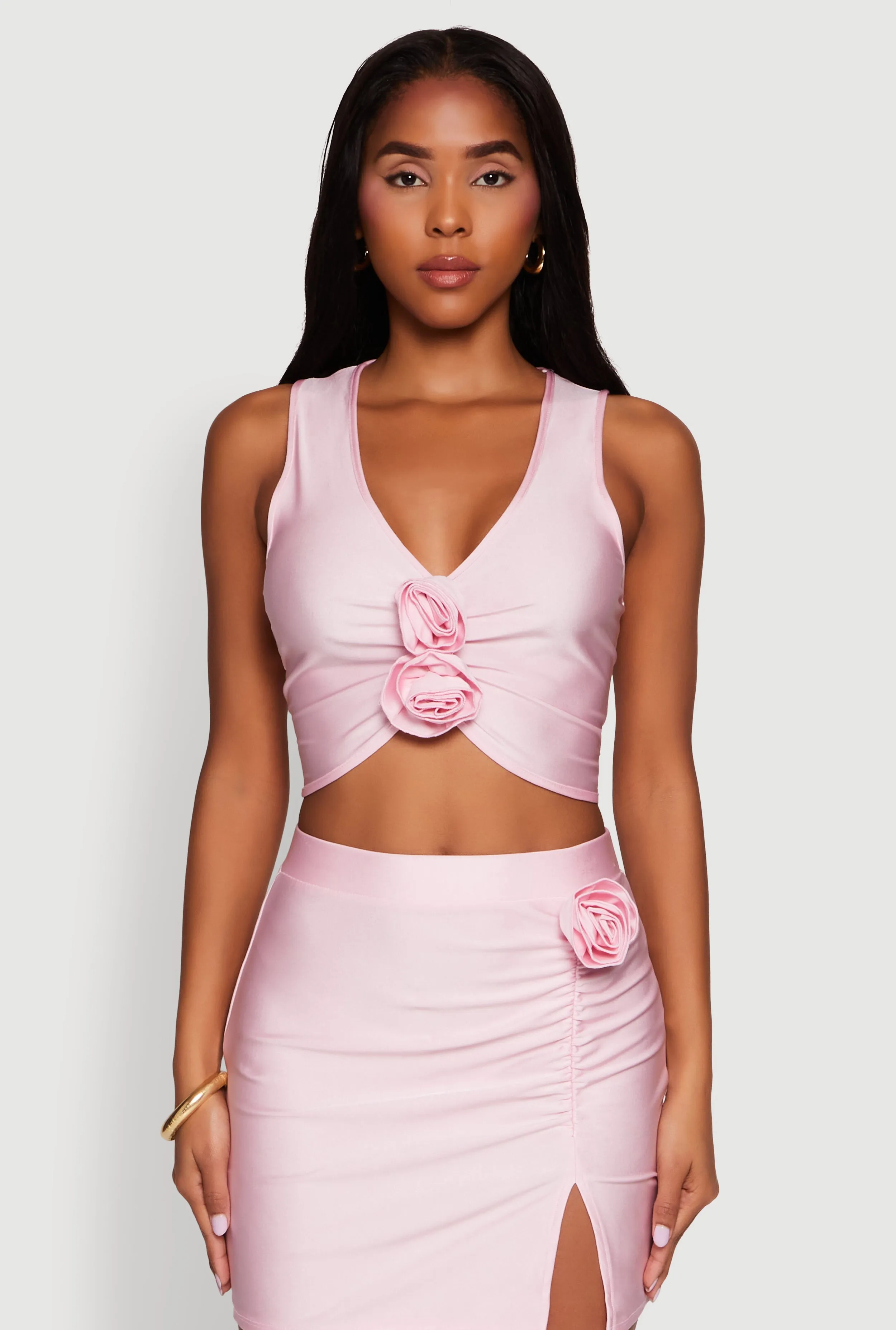 Trendy Rose Applique Sleeveless V-Neck Ruched Crop Top sold by Rainbow