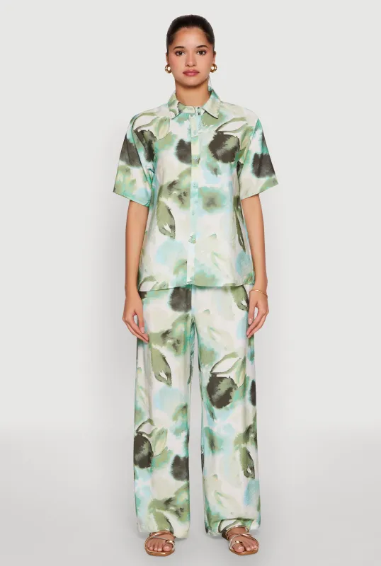 Abstract Leaf Print Wide Leg Pants sold by Rainbow