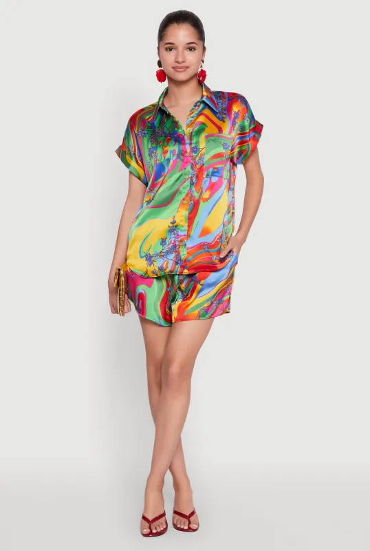 Satin Psychedelic Floral Print Shorts sold by Rainbow