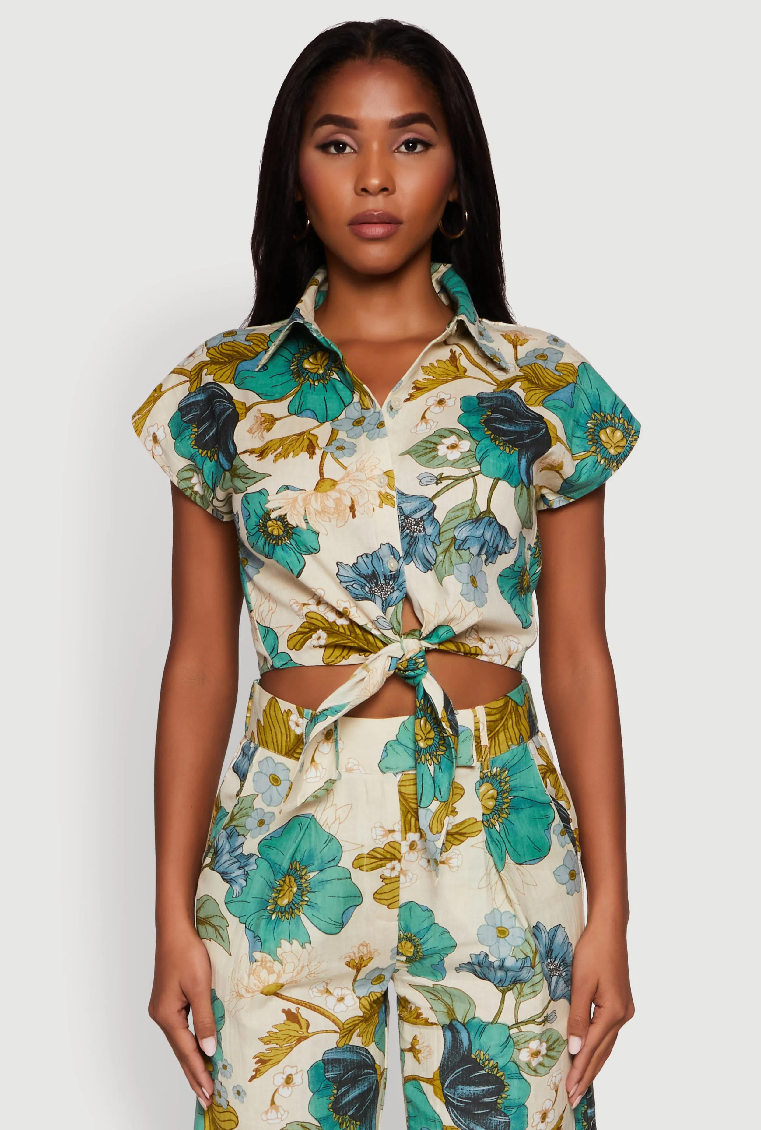 Spoon Jeans Floral Print Tie Front Cropped Shirt sold by Rainbow