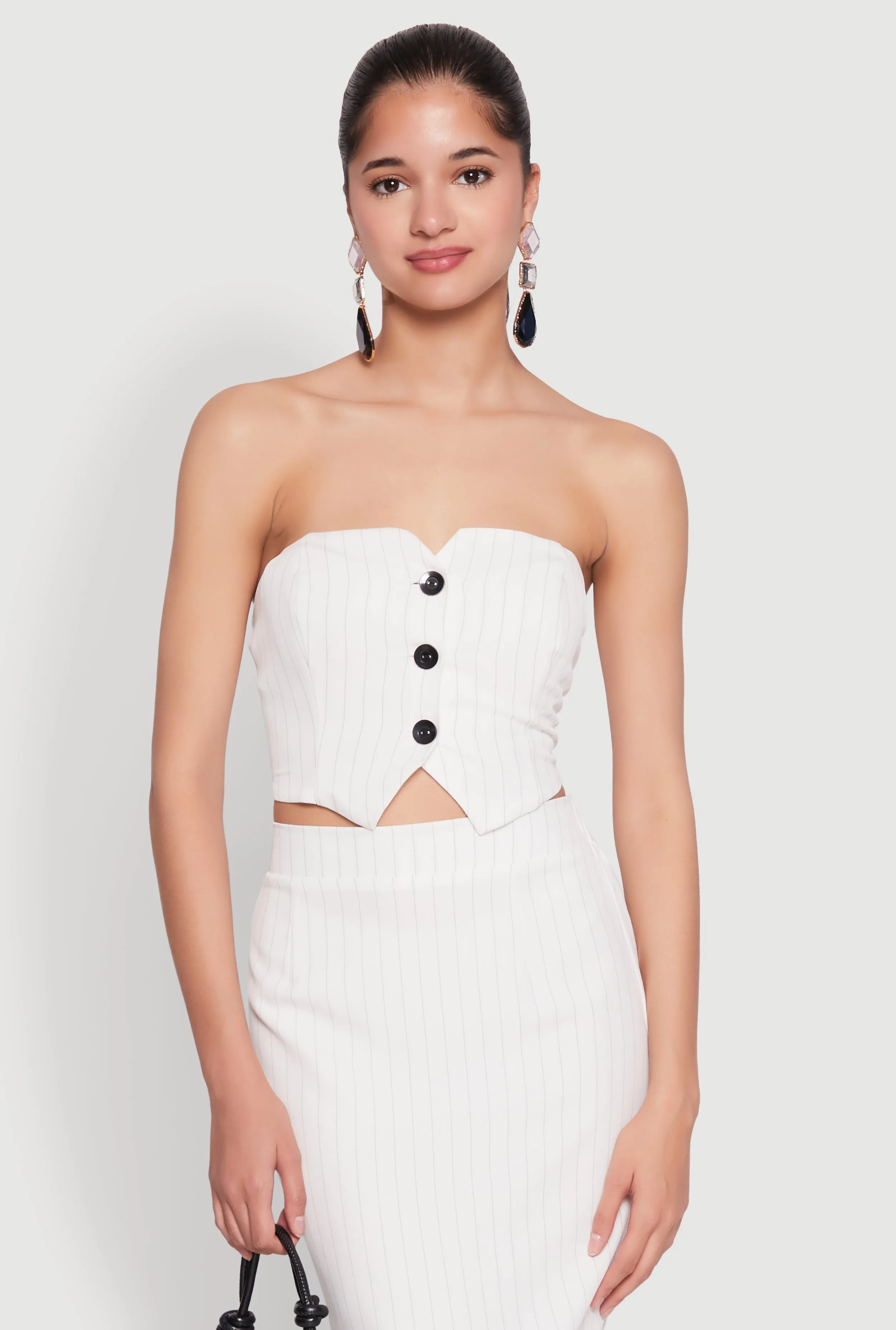 Pinstripe Button Front Strapless Top sold by Rainbow