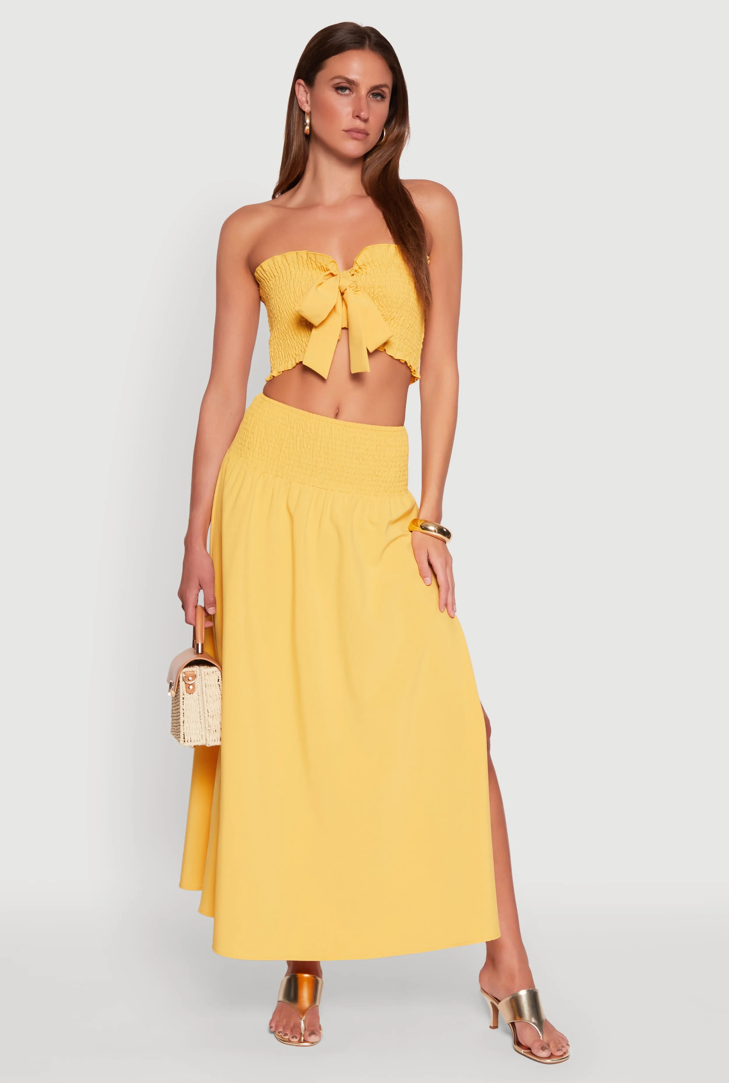 Smocked High Waist Side Slit Skirt sold by Rainbow