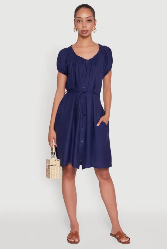 Chic Linen Peasant Dress with Pockets and Tie Waist Belt sold by Rainbow