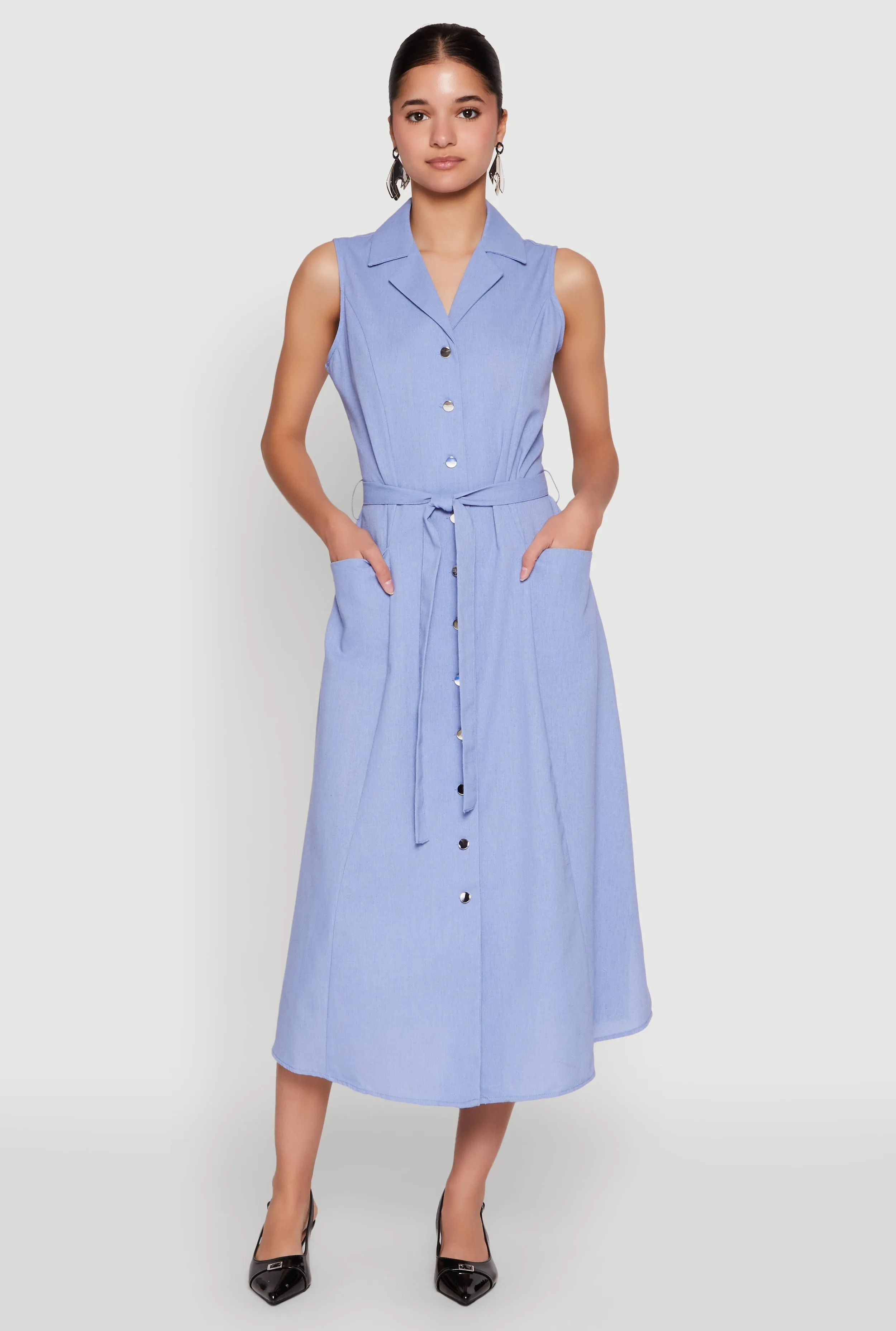 Lapel Collar Tie Waist Belted Midi Dress sold by Rainbow