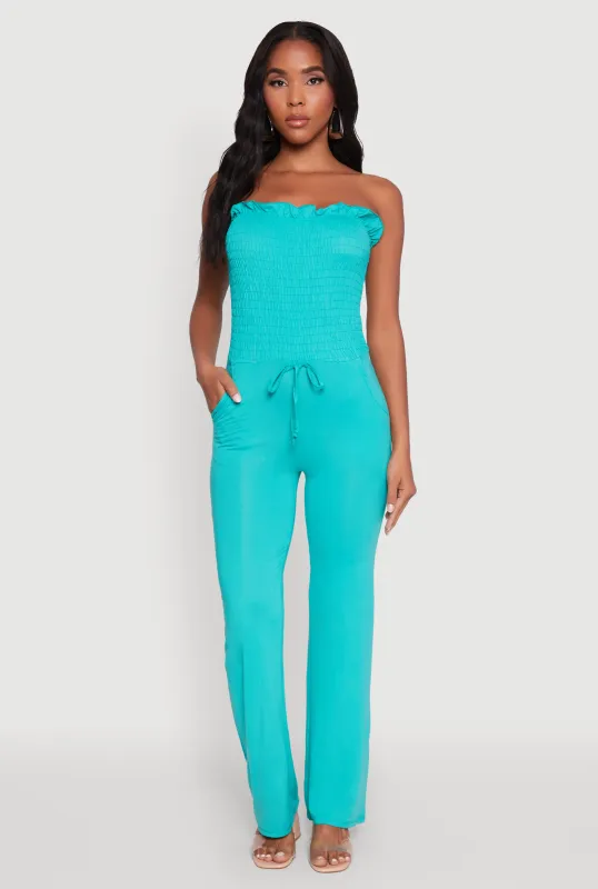 Chic Smocked Strapless Ruffle Jumpsuit with Faux Drawstring sold by Rainbow
