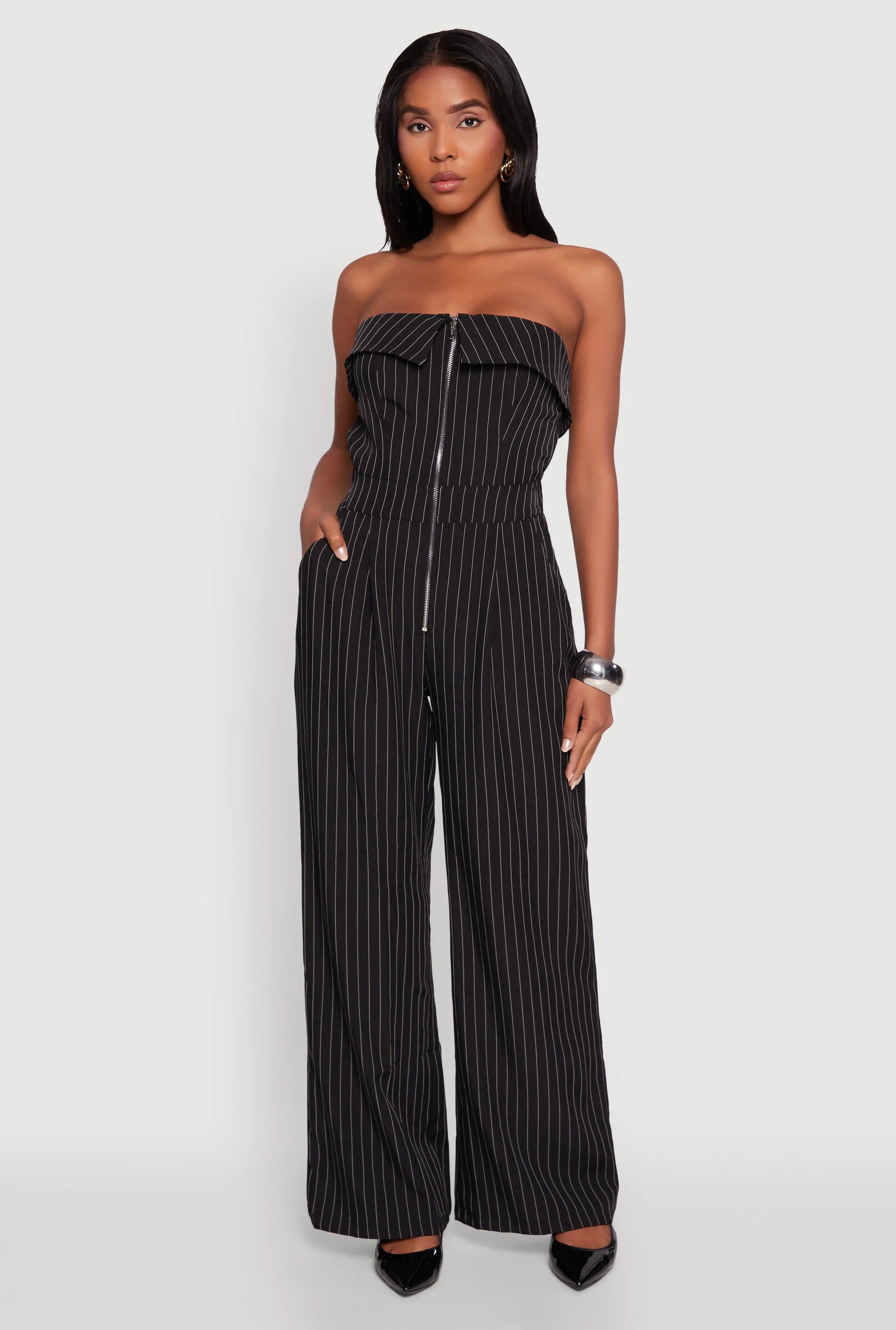 Pinstripe Fold Over Strapless Jumpsuit sold by Rainbow