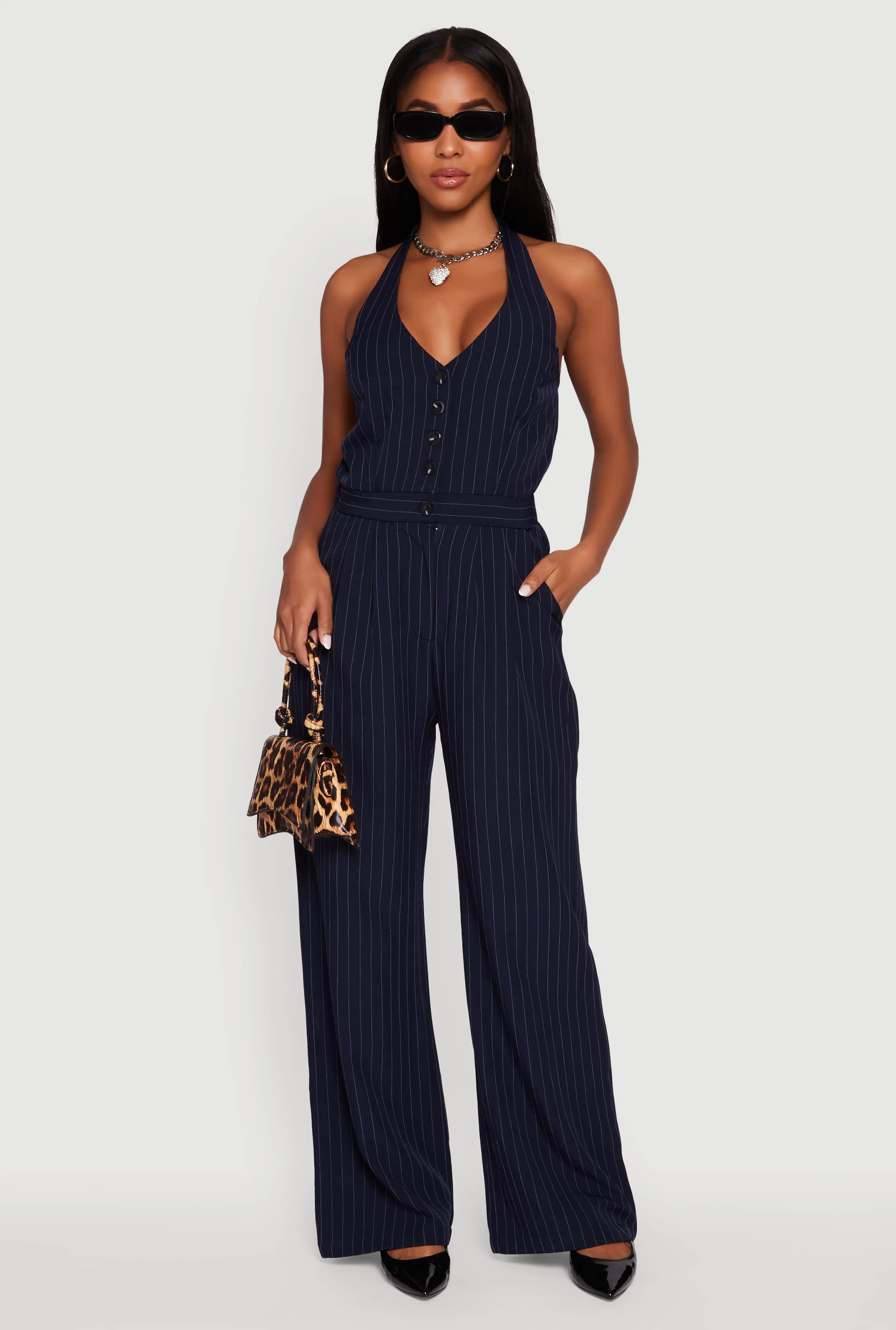 Pinstripe Button Front Halter Jumpsuit sold by Rainbow product image thumbnail 3