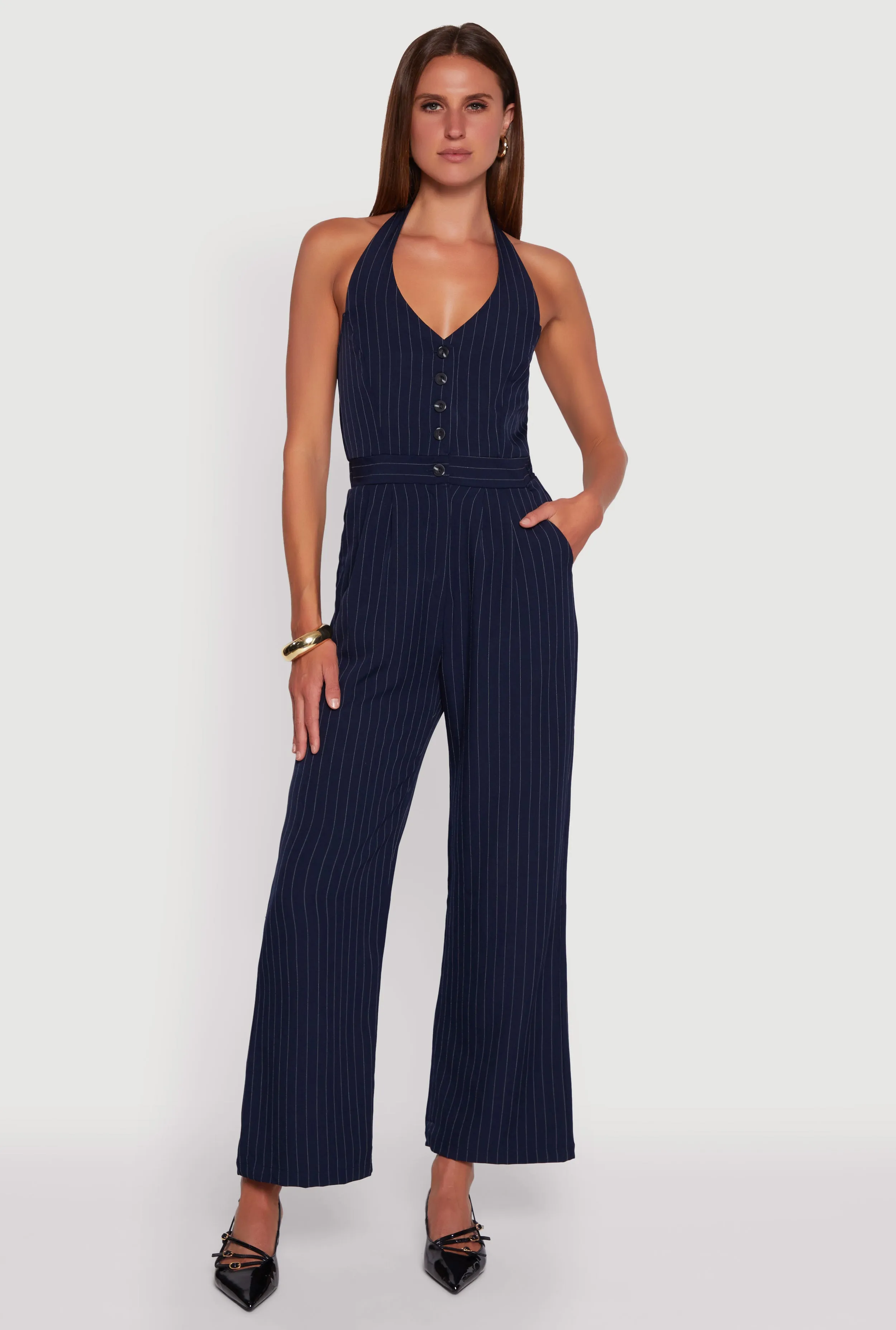 Pinstripe Button Front Halter Jumpsuit sold by Rainbow product image thumbnail 2