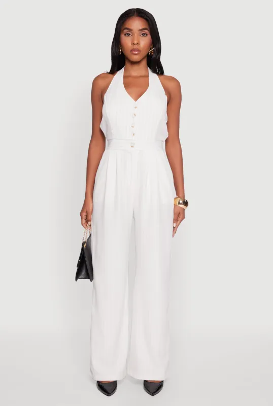 Pinstripe Button Front Halter Jumpsuit sold by Rainbow