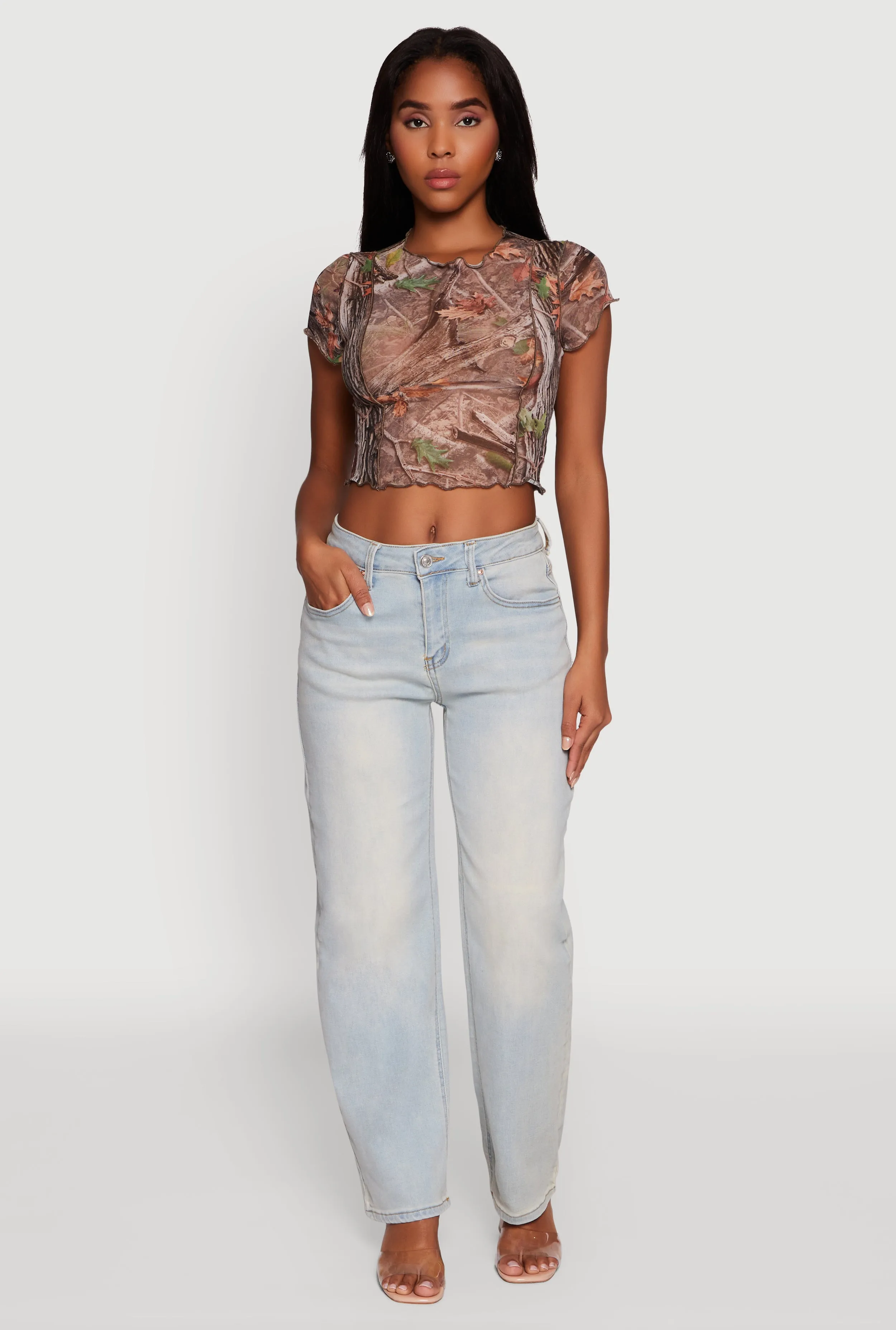 Mesh Hunter Camo Print Crop Top sold by Rainbow