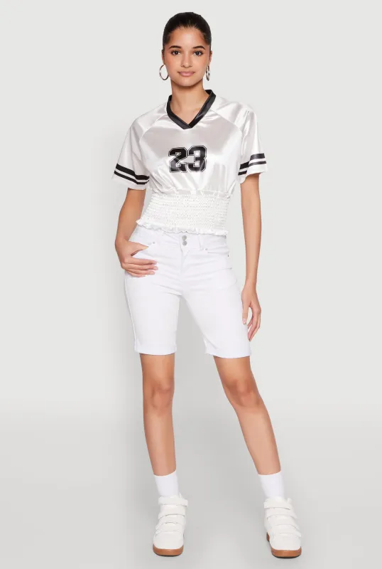 Satin Smocked 23 Football Crop Top sold by Rainbow