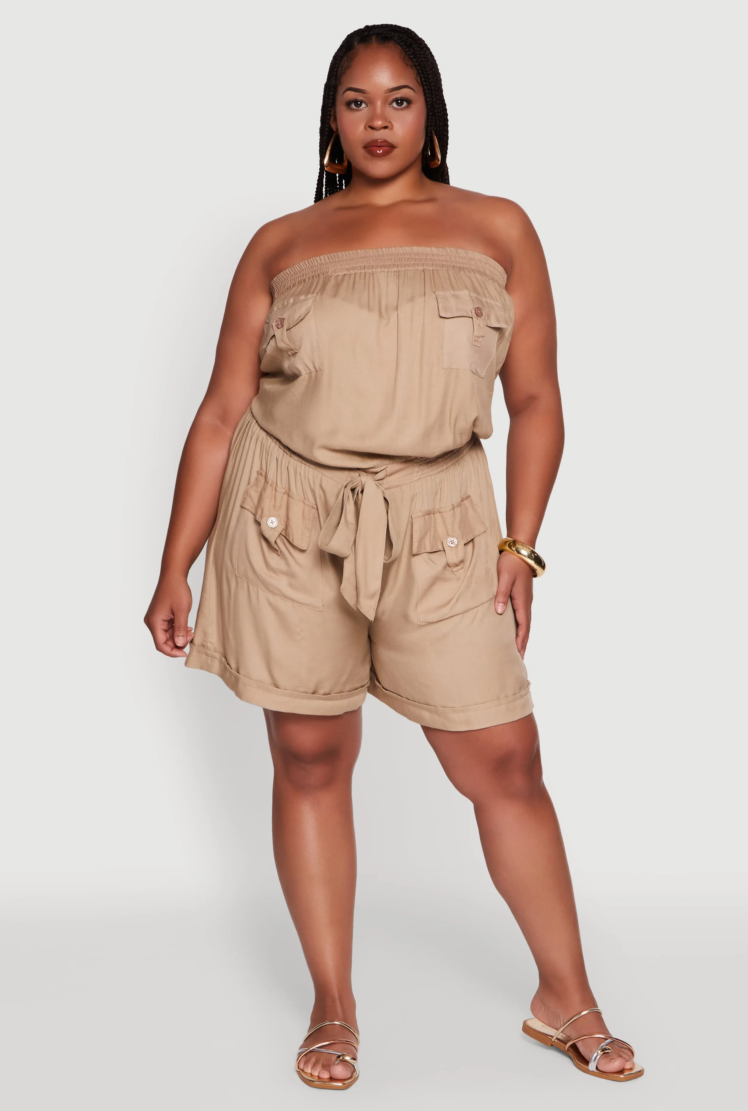 Plus Size Strapless Cargo Pocket Romper sold by Rainbow