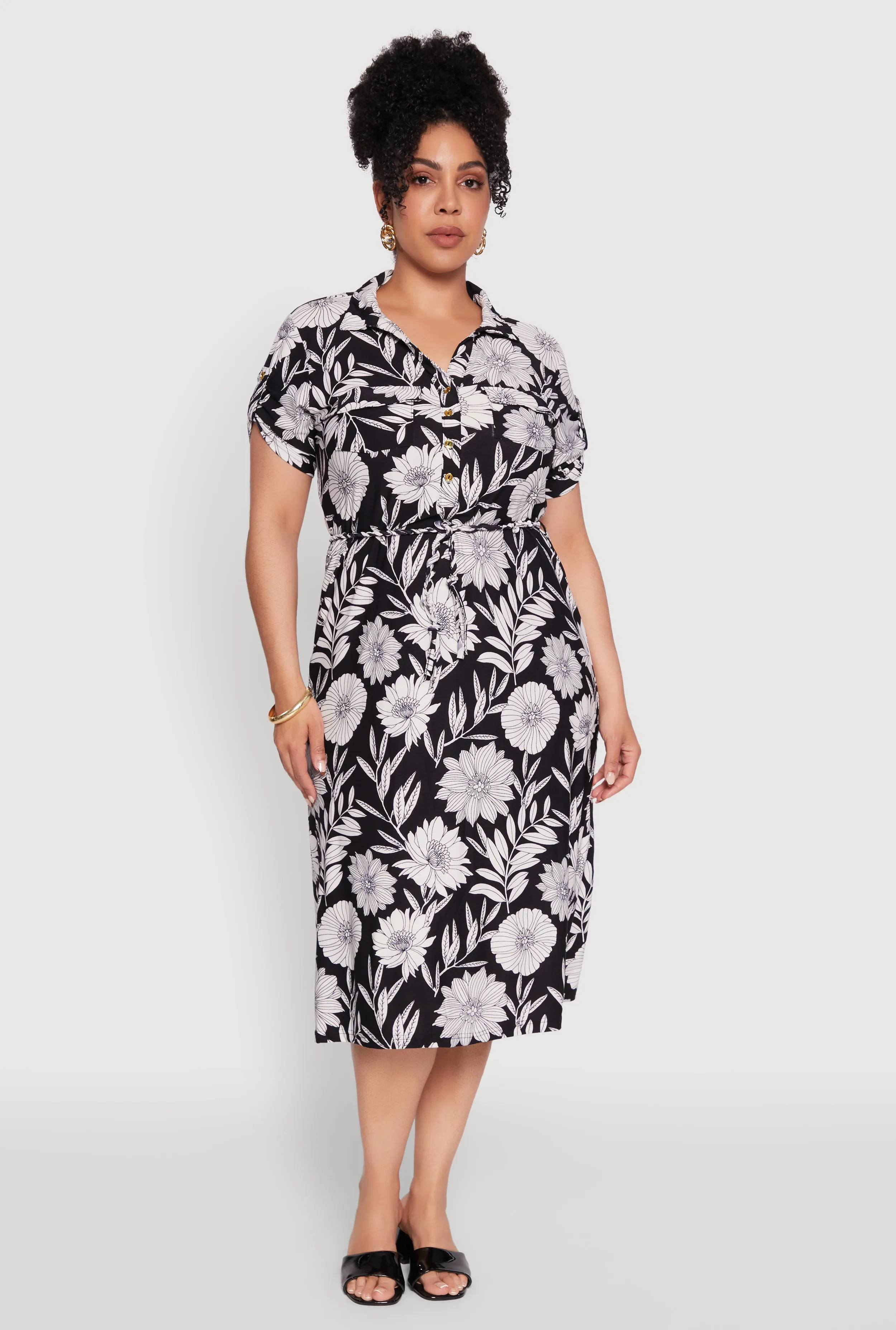 Plus Size Floral Print Half Button Shirt Dress with Tie Waist Belt sold by Rainbow