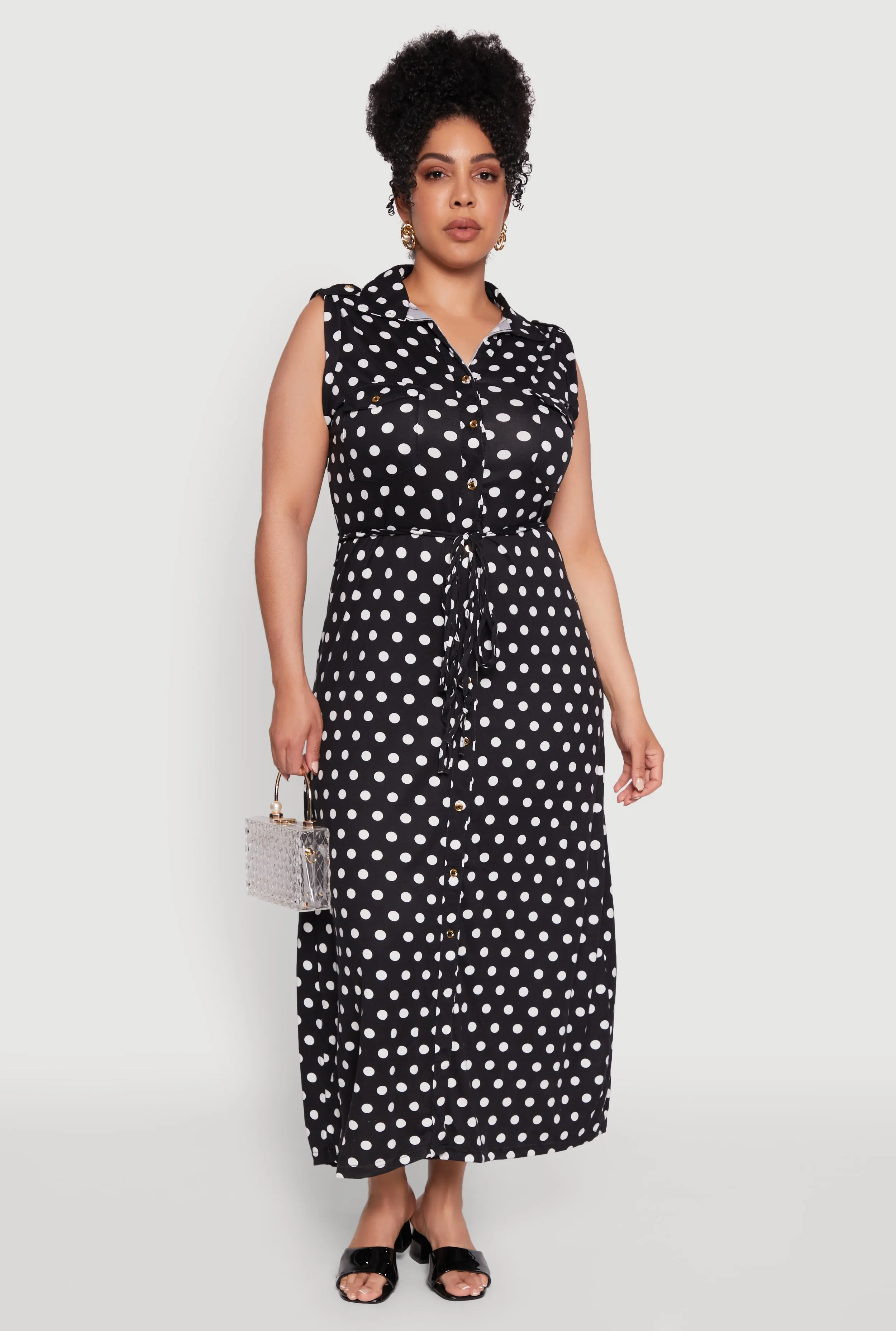 Plus Size Chic Sleeveless Shirt Dress with Tie Waist Belt sold by Rainbow