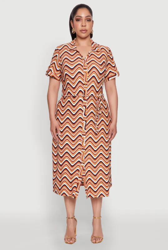 Plus Size Wavy Striped Midi Shirt Dress sold by Rainbow