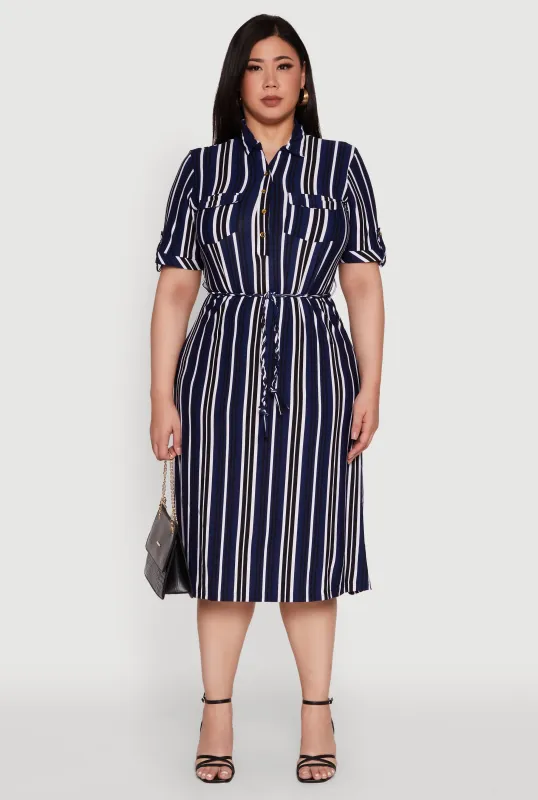 Plus Size Striped Shirt Dress with Tie Waist Belt and Flap Pockets sold by Rainbow