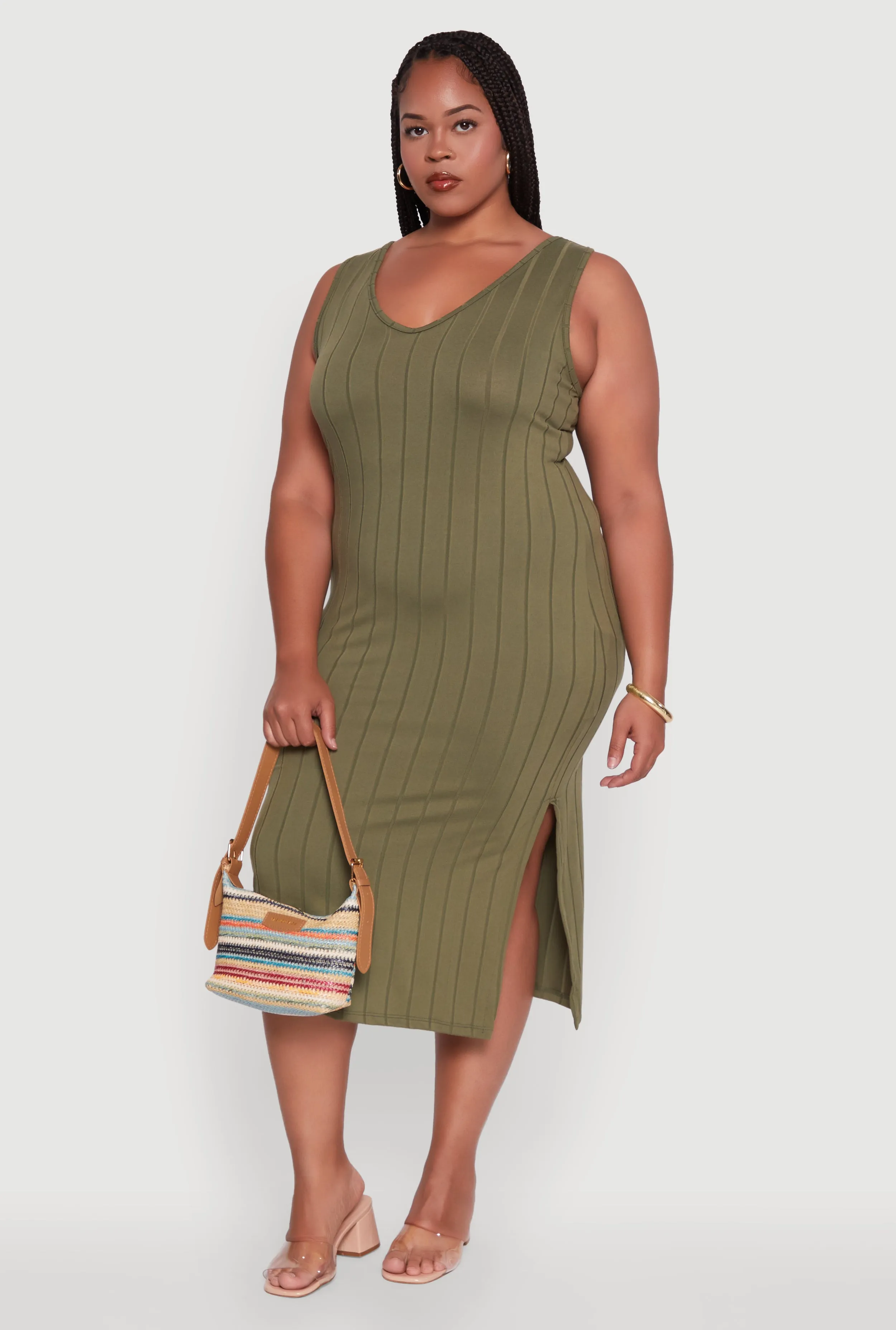 Plus Size Ribbed Knit Scoop Neck Sleeveless Midi Dress sold by Rainbow