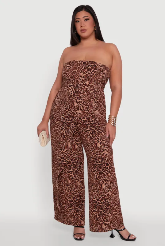 Plus Size Strapless Printed Ruffle Overlay Jumpsuit sold by Rainbow