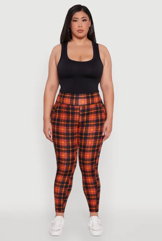 Plus Size High Waisted Cell Phone Pocket Plaid Leggings sold by Rainbow