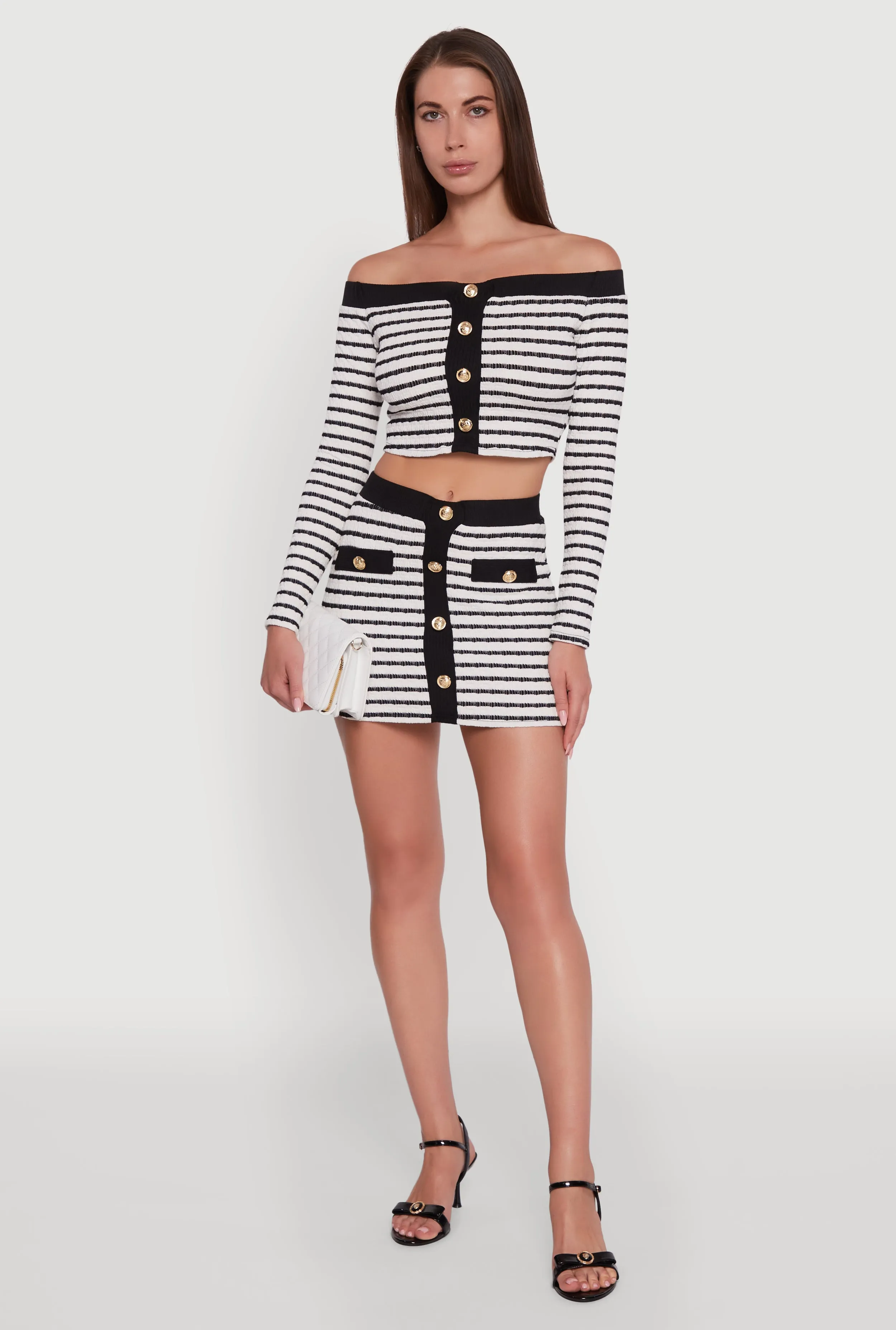 Textured Knit Faux Button Striped Mini Skirt sold by Rainbow