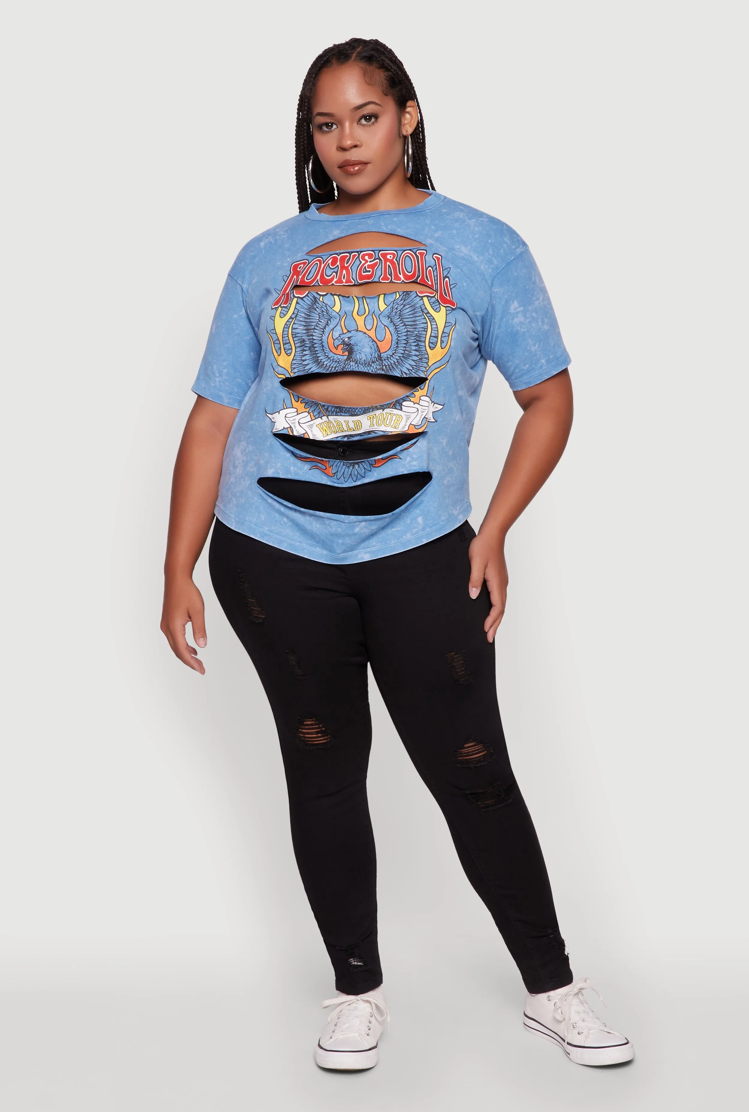 Plus Size Slashed Rock and Roll World Tour Graphic Tee sold by Rainbow