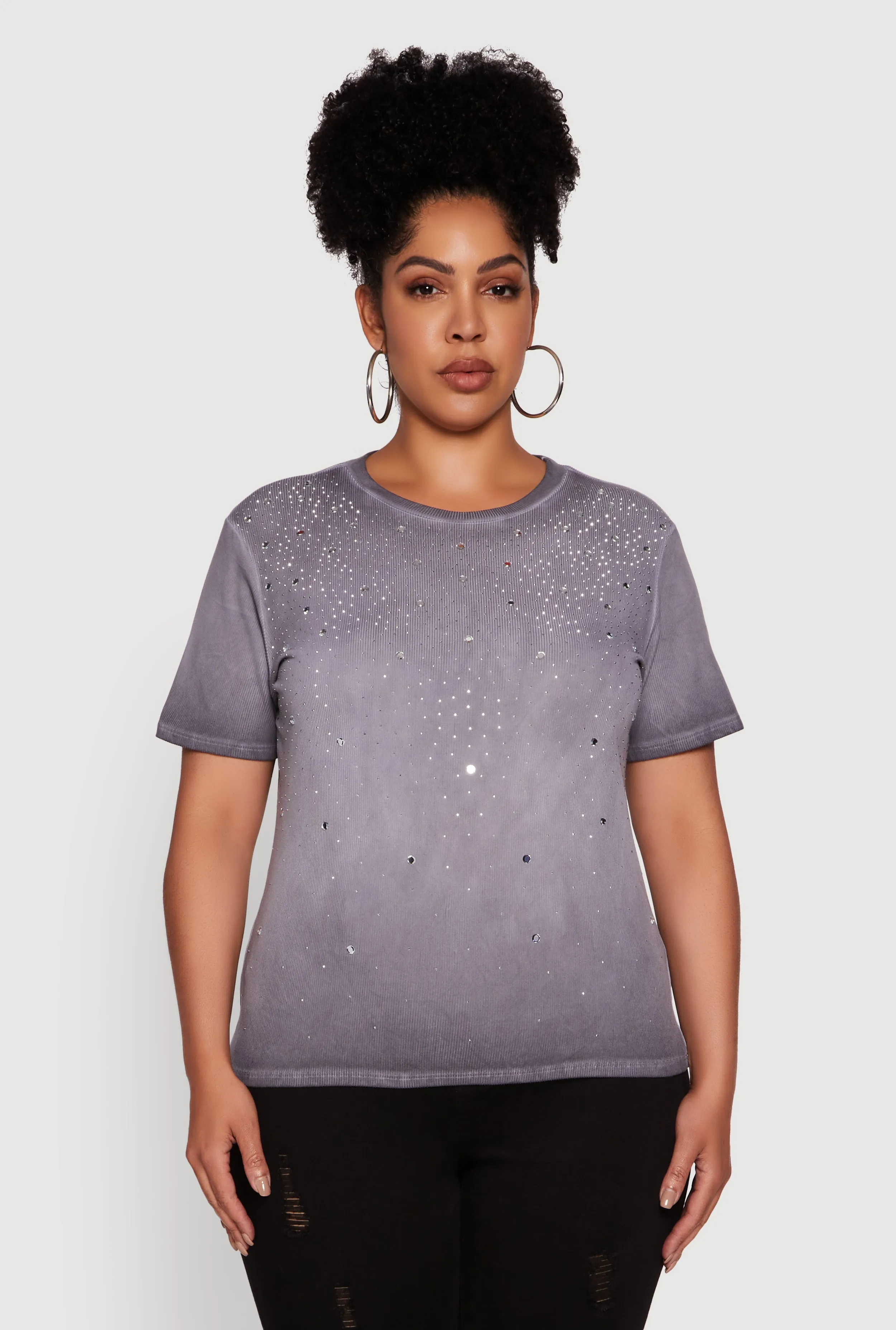 Plus Size Acid Wash Ribbed Knit Rhinestone Detail T-Shirt sold by Rainbow product image thumbnail 2
