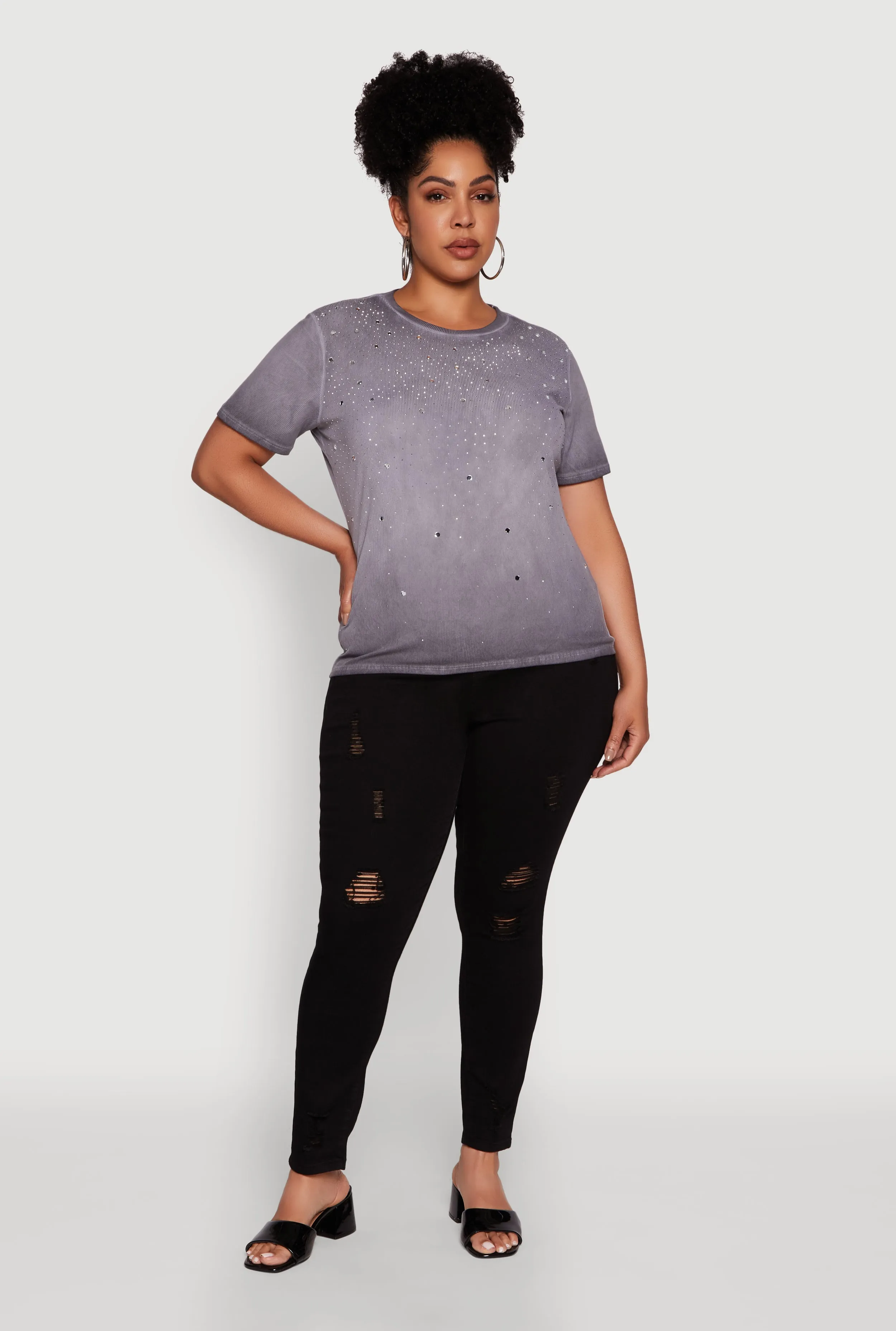 Plus Size Acid Wash Ribbed Knit Rhinestone Detail T-Shirt sold by Rainbow