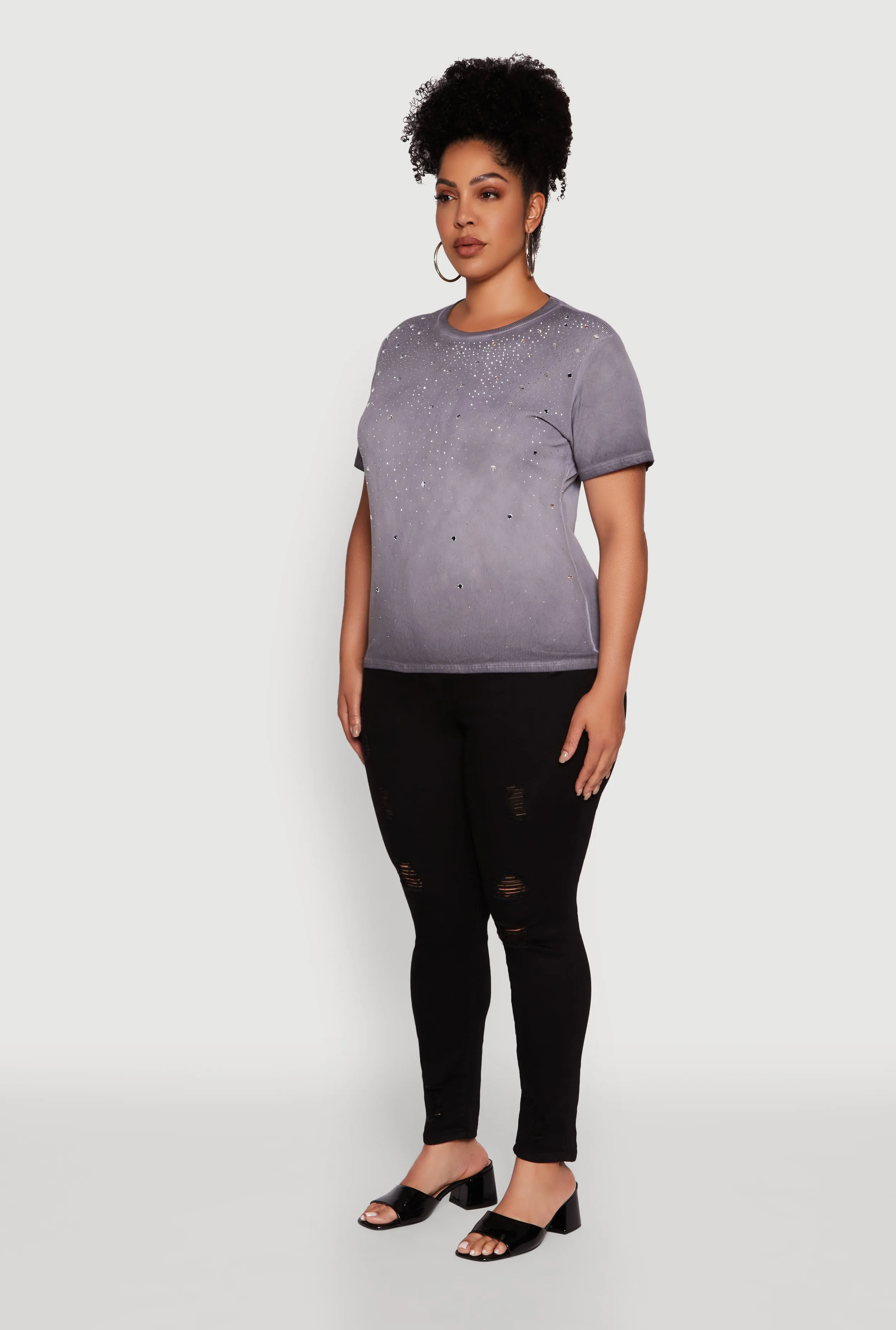 Plus Size Acid Wash Ribbed Knit Rhinestone Detail T-Shirt sold by Rainbow product image thumbnail 5