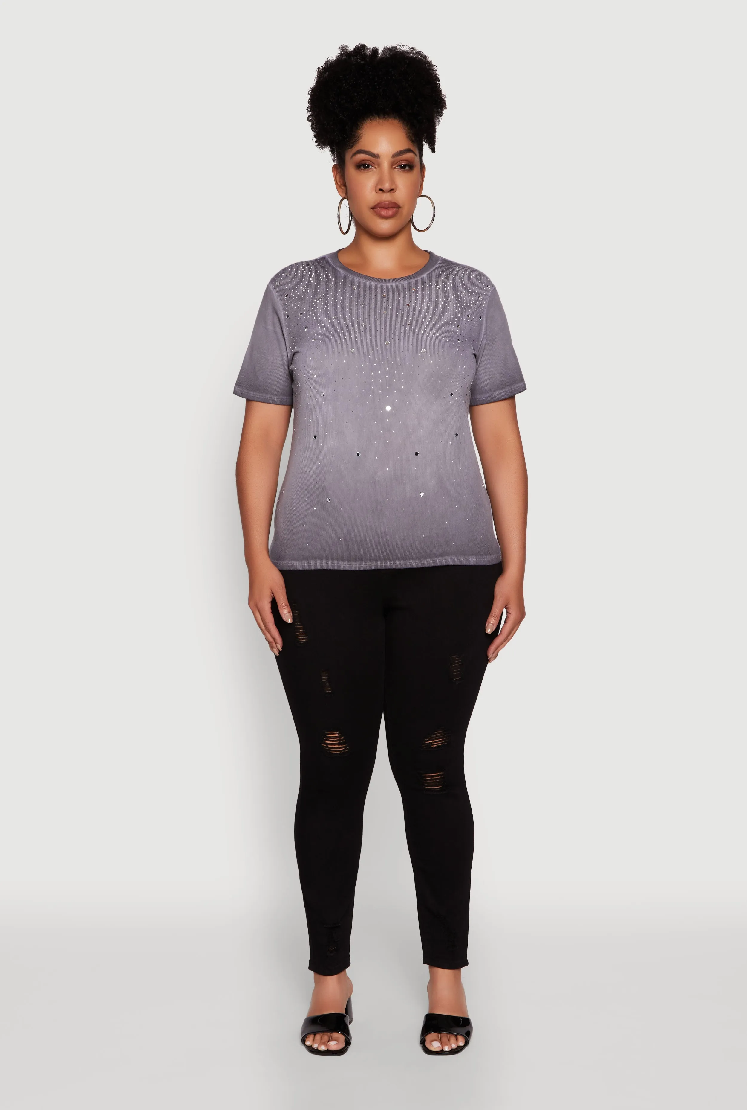 Plus Size Acid Wash Ribbed Knit Rhinestone Detail T-Shirt sold by Rainbow product image thumbnail 3