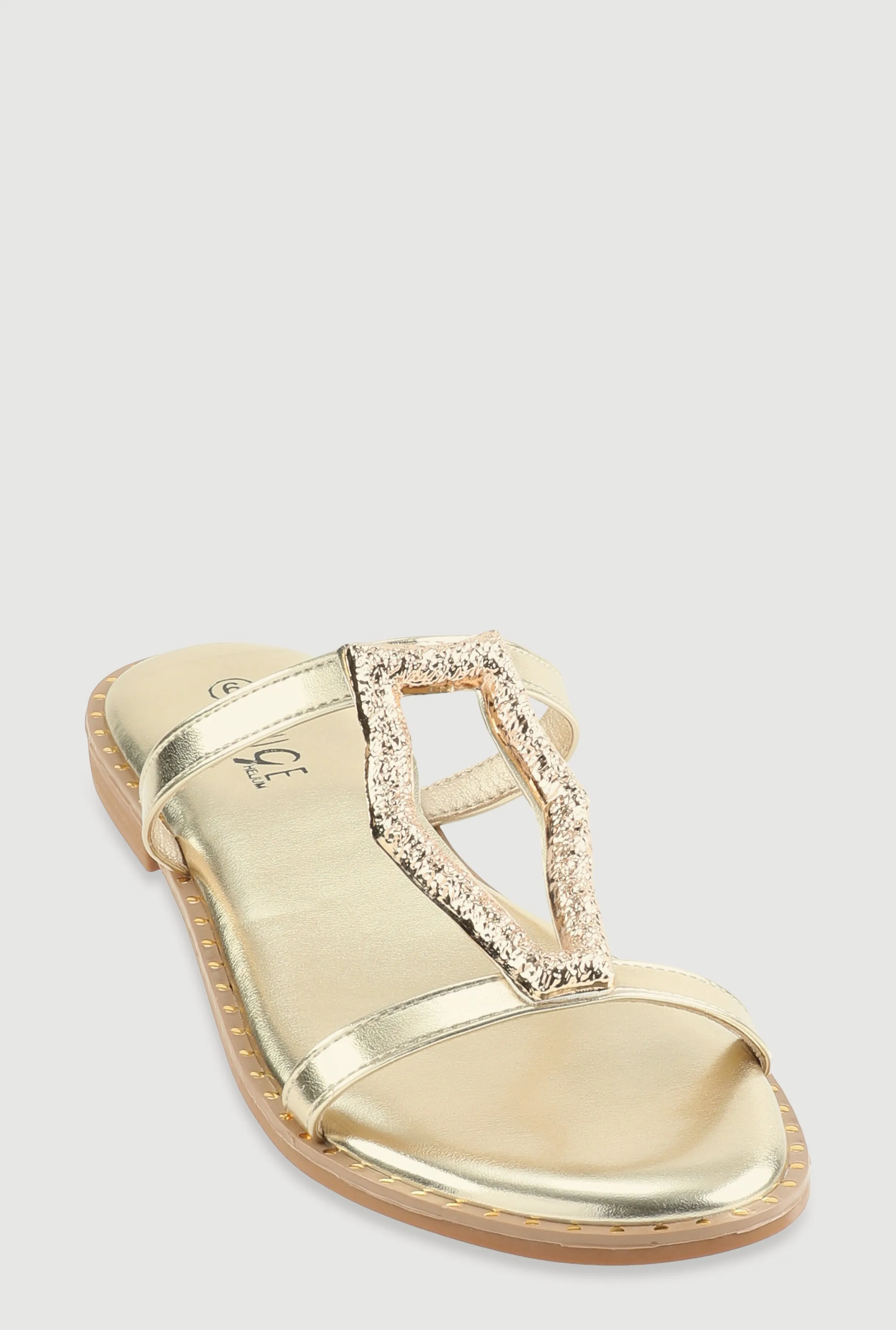 Metallic Keyhole Detail Slide Sandals sold by Rainbow