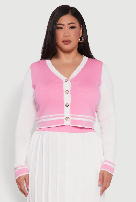 Plus Size Color Blocked Crop Cardigan sold by Rainbow
