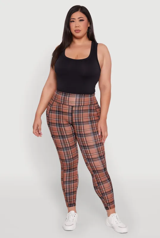Plus Size High Waisted Cell Phone Pocket Plaid Leggings sold by Rainbow