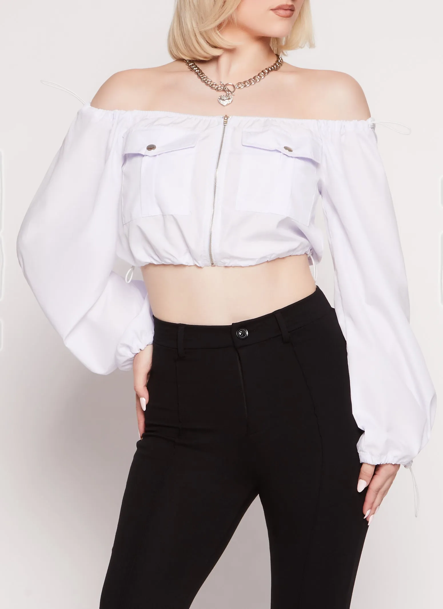 Poplin Zip Front Toggle Drawstring Crop Top sold by Rainbow