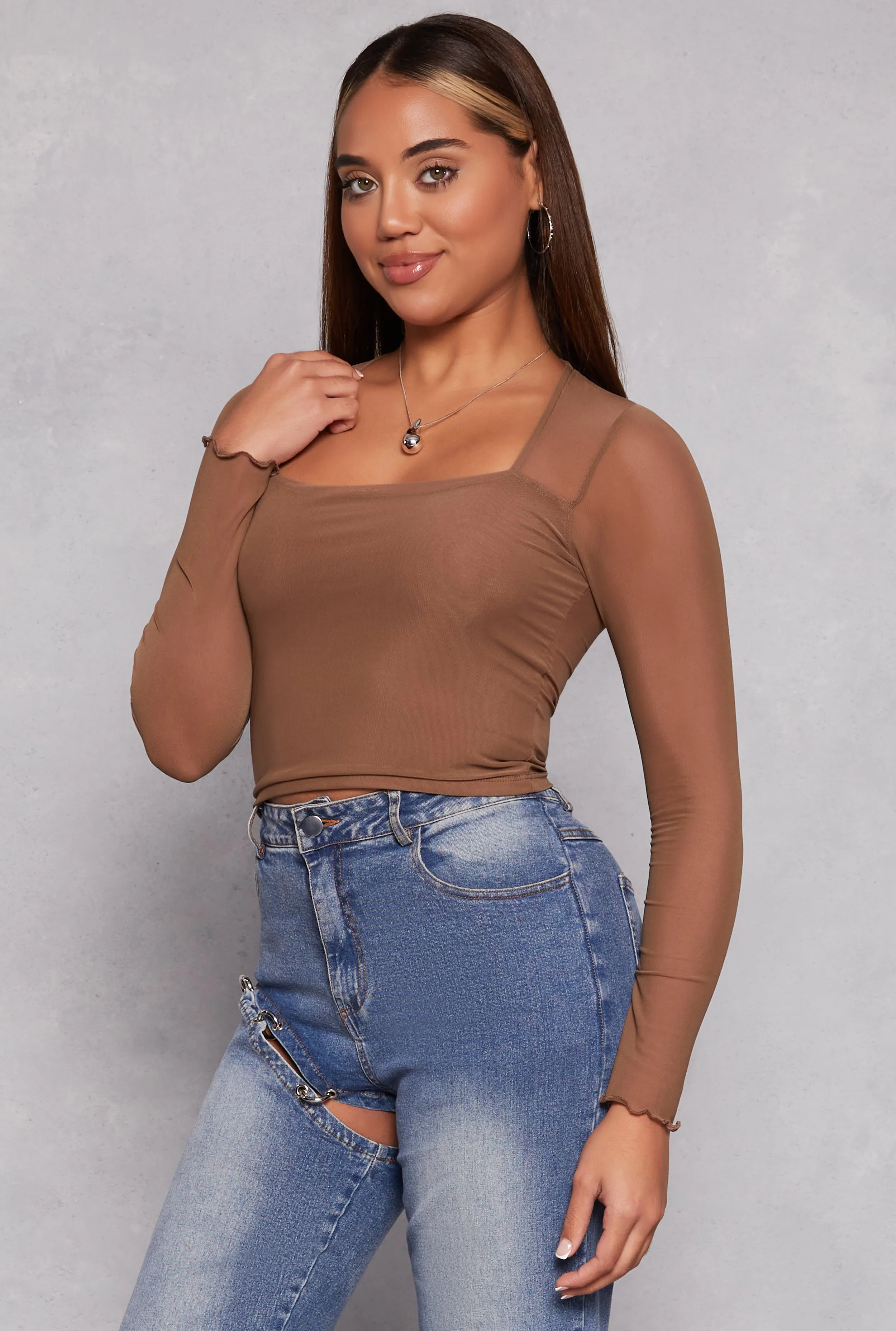 Mesh Sleeve Square Neck Long Sleeve Top sold by Rainbow product image thumbnail 3