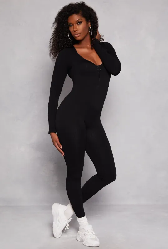 Seamless Ribbed Zip Front Long Sleeve Jumpsuit sold by Rainbow