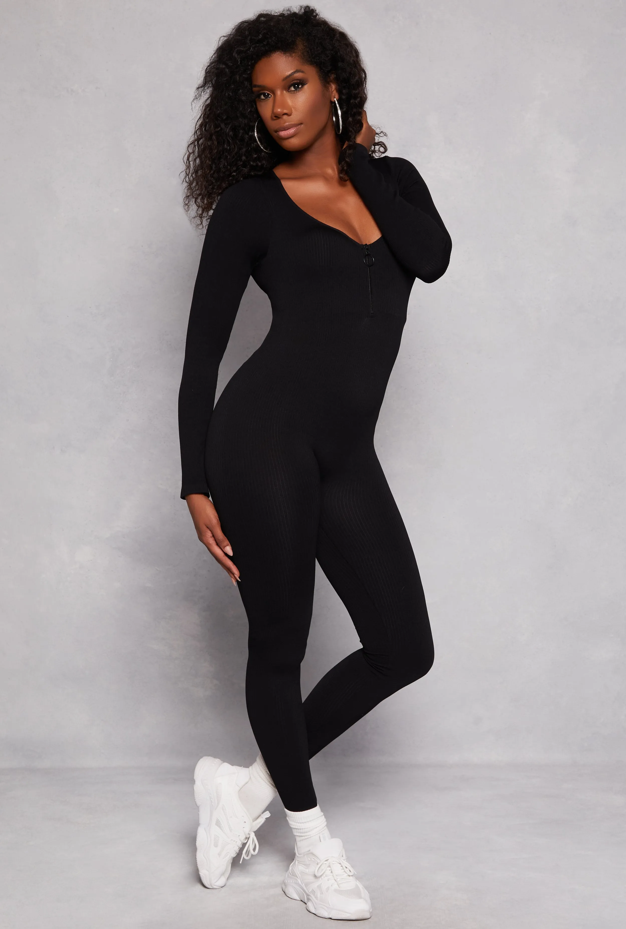 Seamless Ribbed Zip Front Long Sleeve Jumpsuit sold by Rainbow