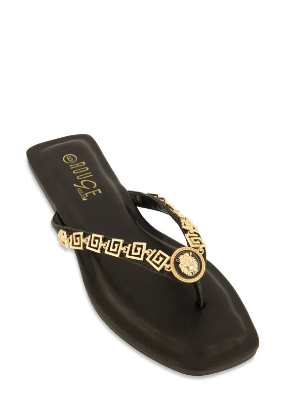 Greek Key Metallic Pendant Thong Sandals sold by Rainbow