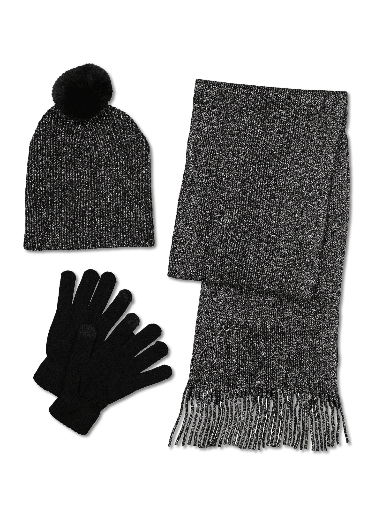 Lurex Scarf and Pom Pom Beanie with Gloves sold by Rainbow