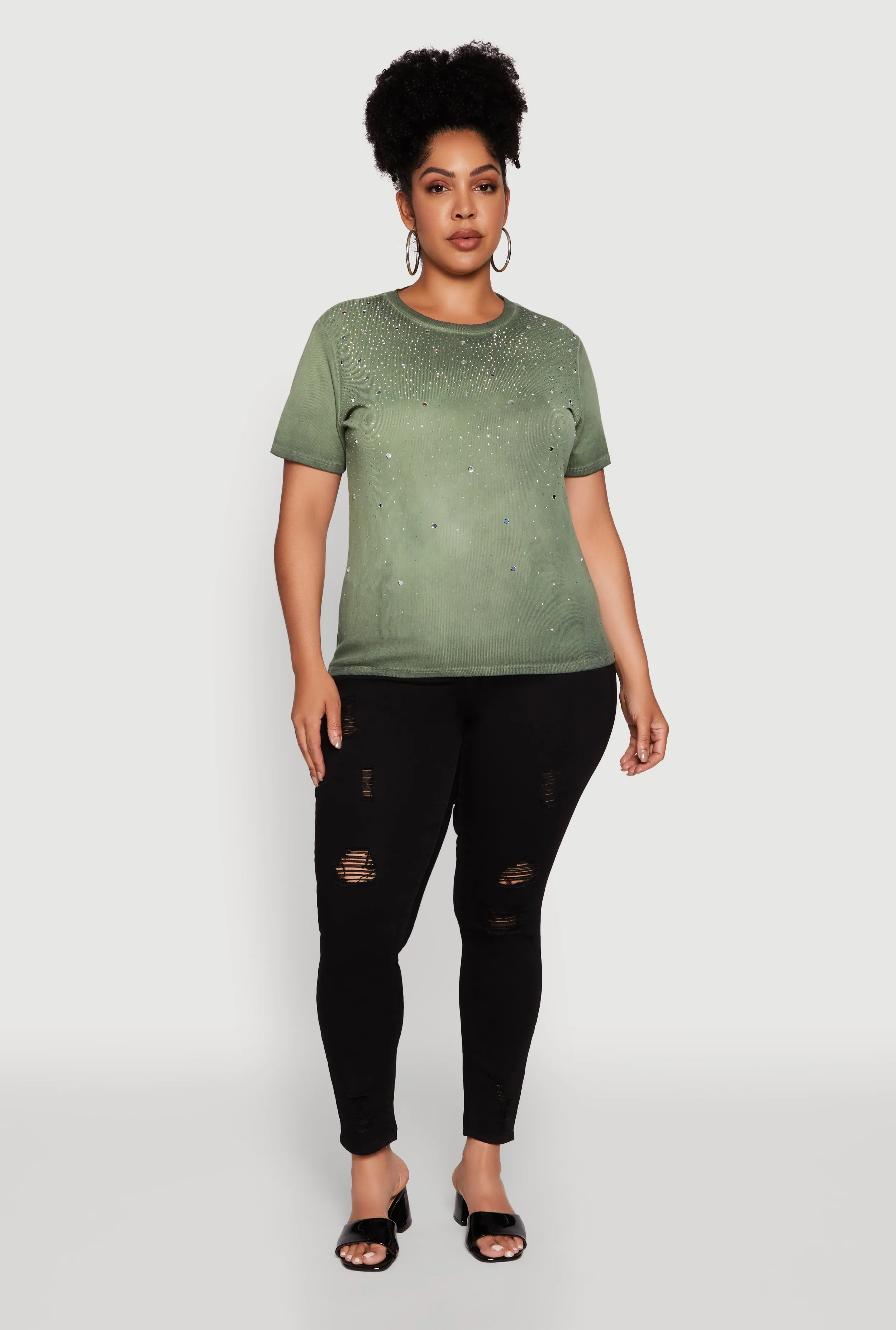Plus Size Acid Wash Ribbed Knit Rhinestone Detail T-Shirt sold by Rainbow product image thumbnail 3