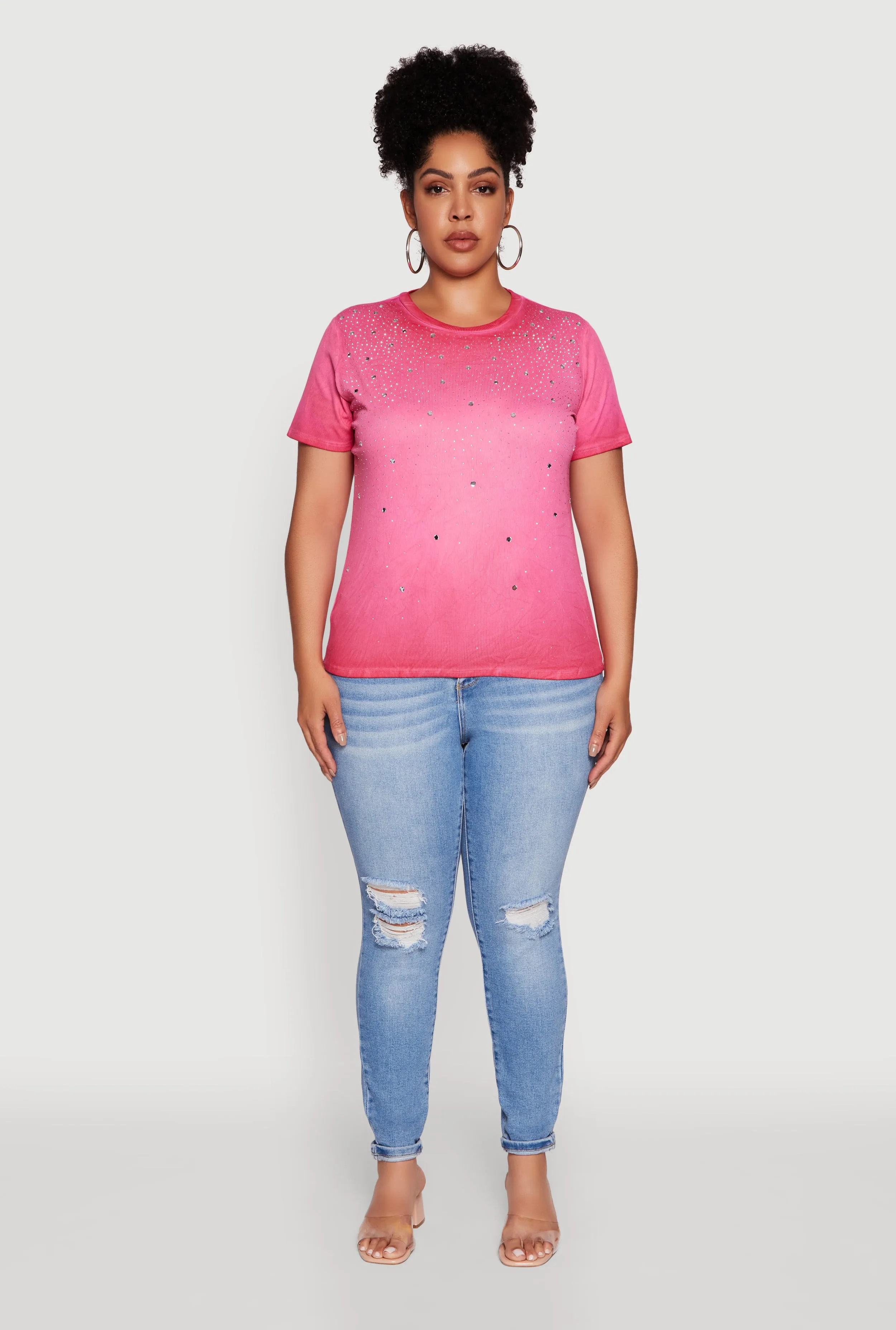 Plus Size Acid Wash Ribbed Knit Rhinestone Detail T-Shirt sold by Rainbow product image thumbnail 2