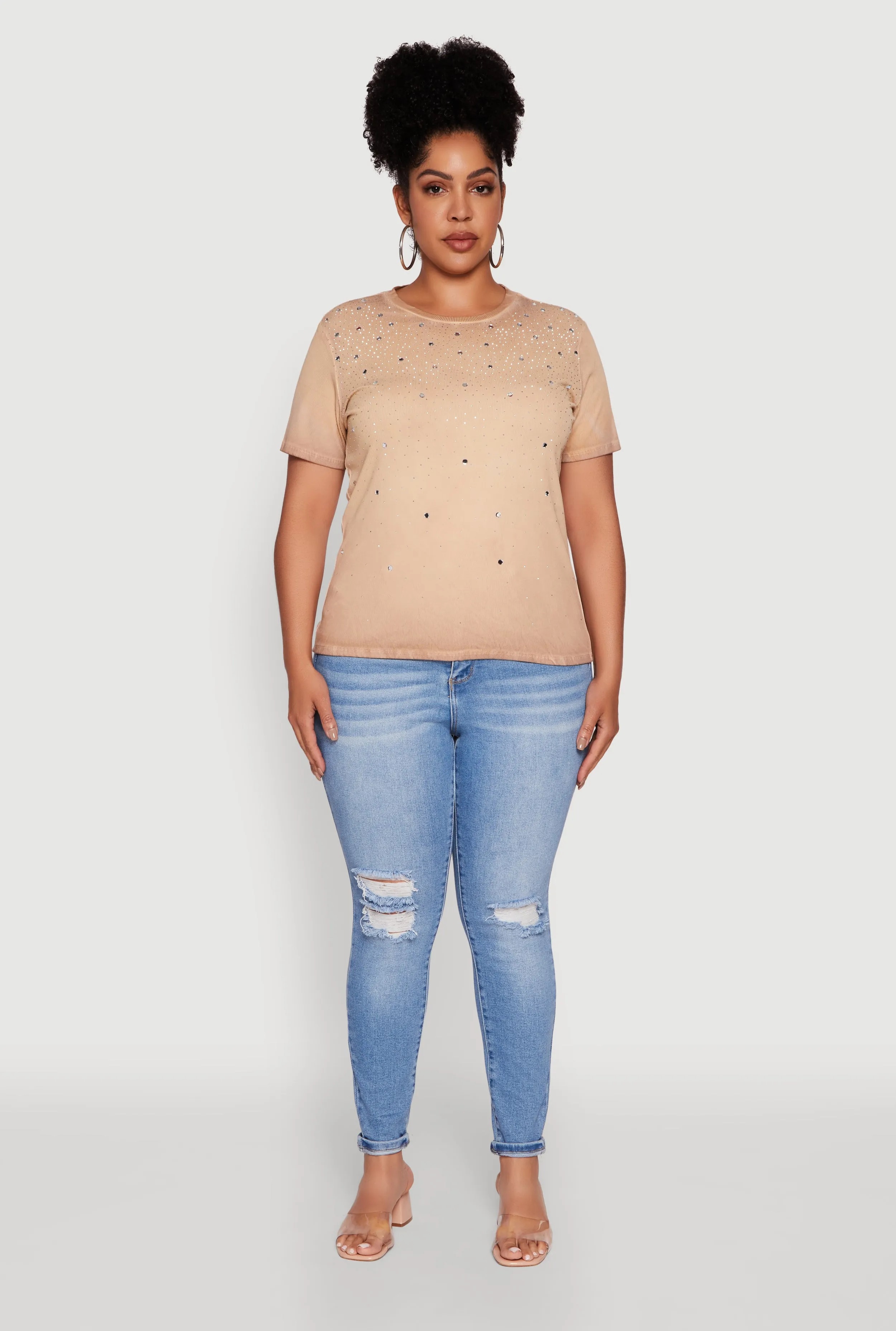 Plus Size Acid Wash Ribbed Knit Rhinestone Detail T-Shirt sold by Rainbow product image thumbnail 4