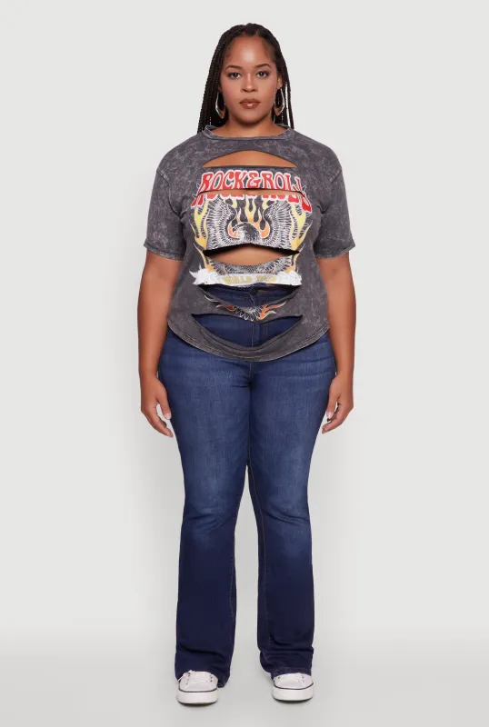 Plus Size Slashed Rock and Roll World Tour Graphic Tee sold by Rainbow