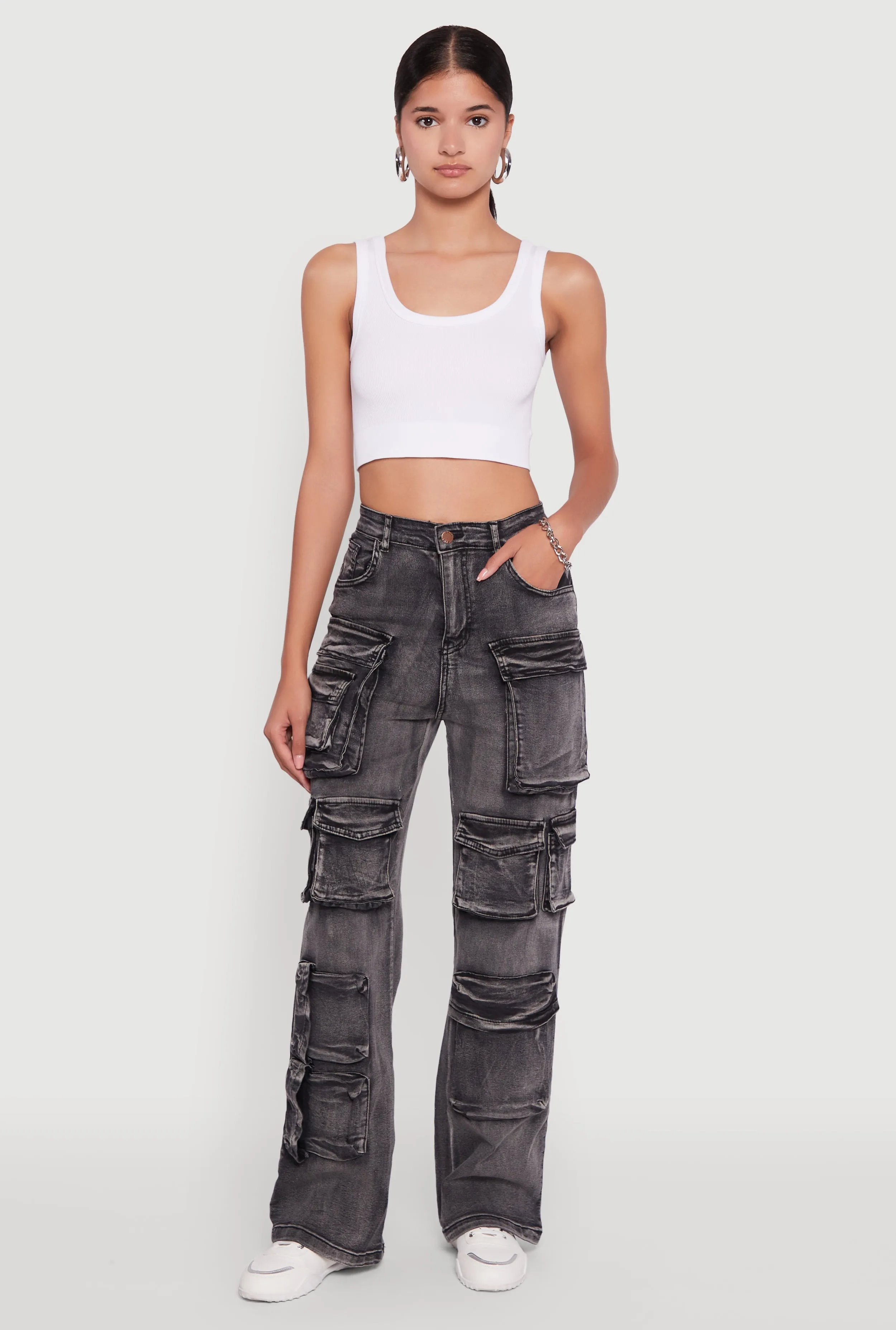 Mineral Wash High Waisted Straight Leg Utility Jeans sold by Rainbow
