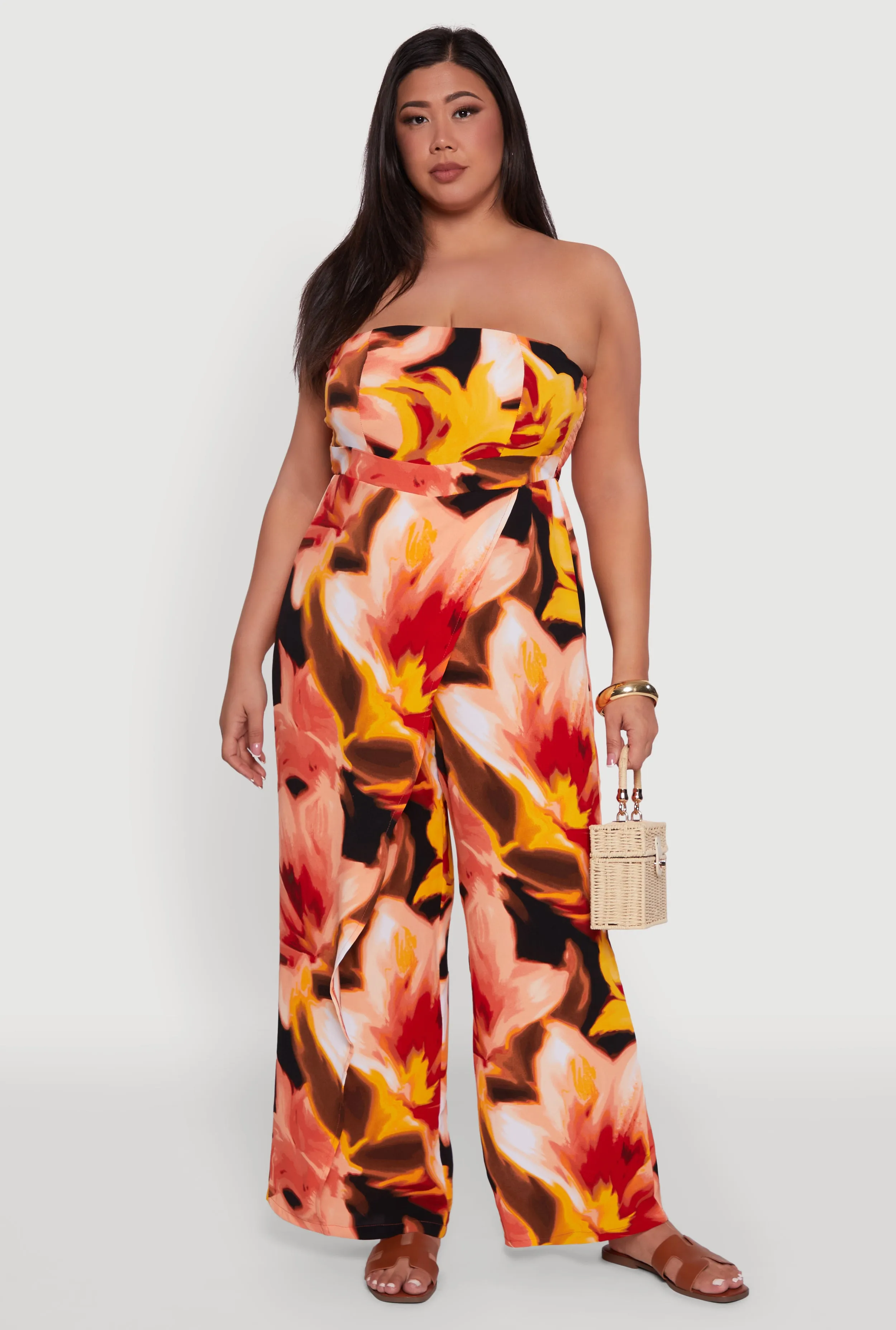 Plus Size Strapless Printed Ruffle Overlay Jumpsuit sold by Rainbow
