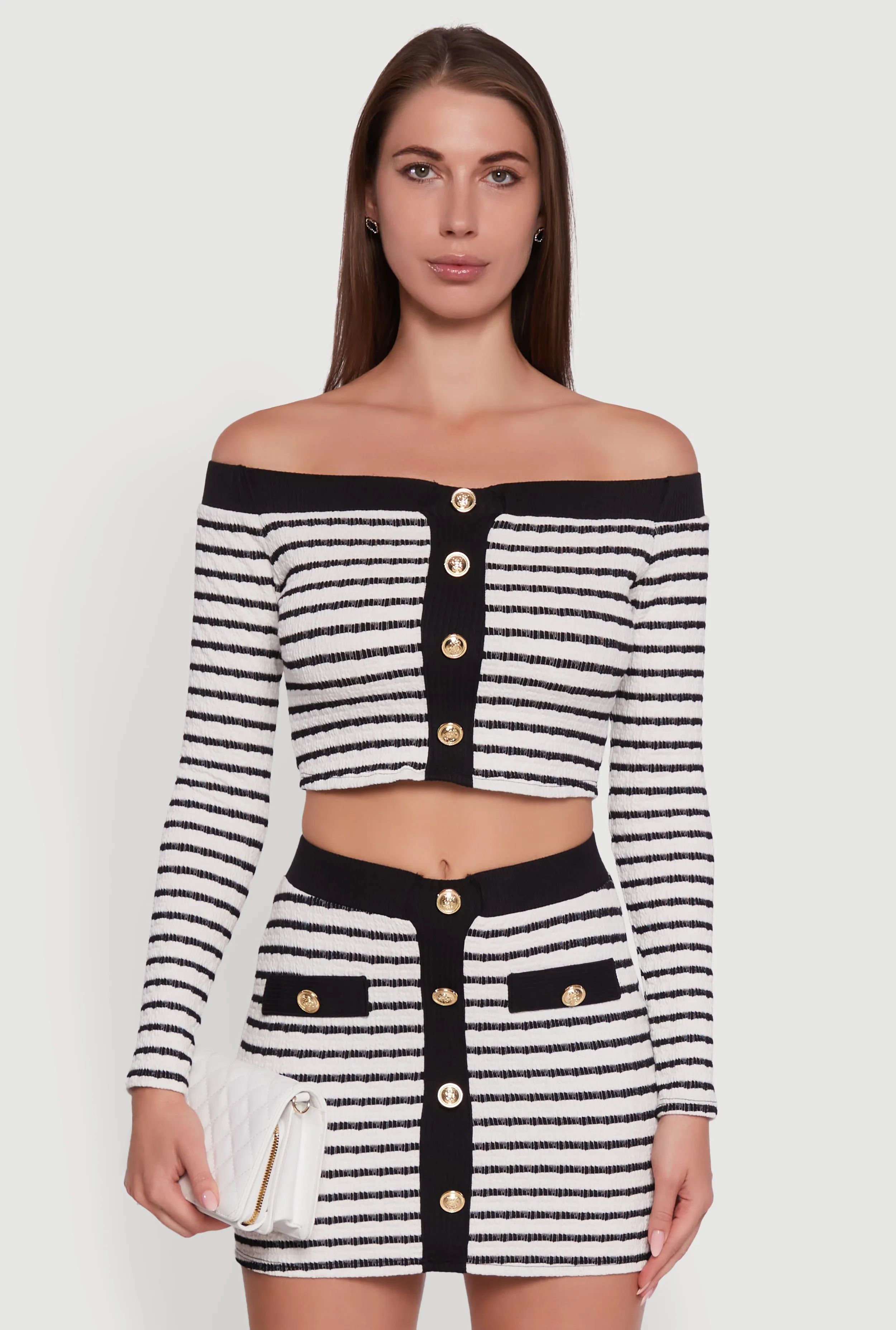 Textured Knit Striped Off Shoulder Crop Top sold by Rainbow