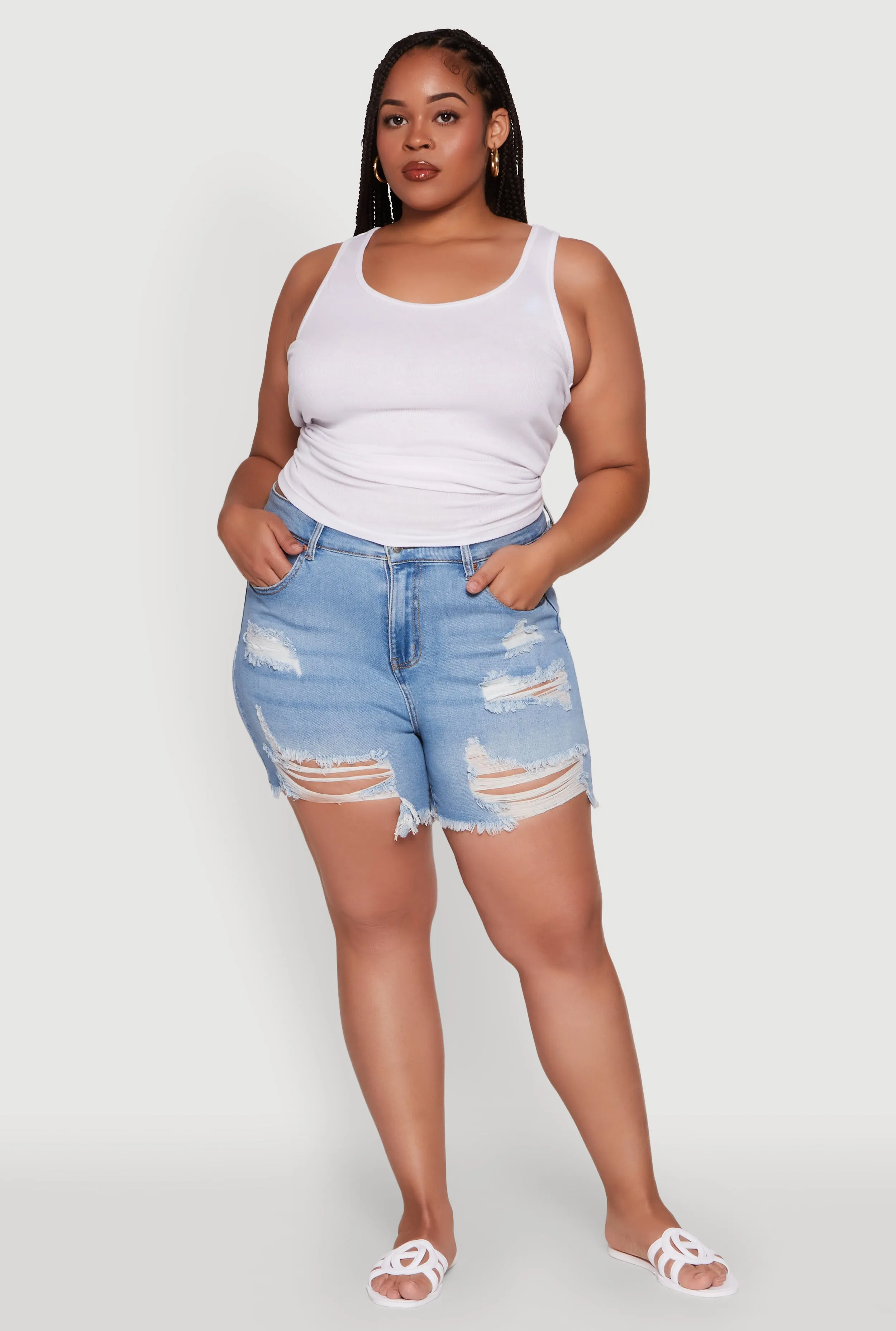 Plus Size WAX Distressed High Waisted Frayed Hem Mom Shorts sold by Rainbow