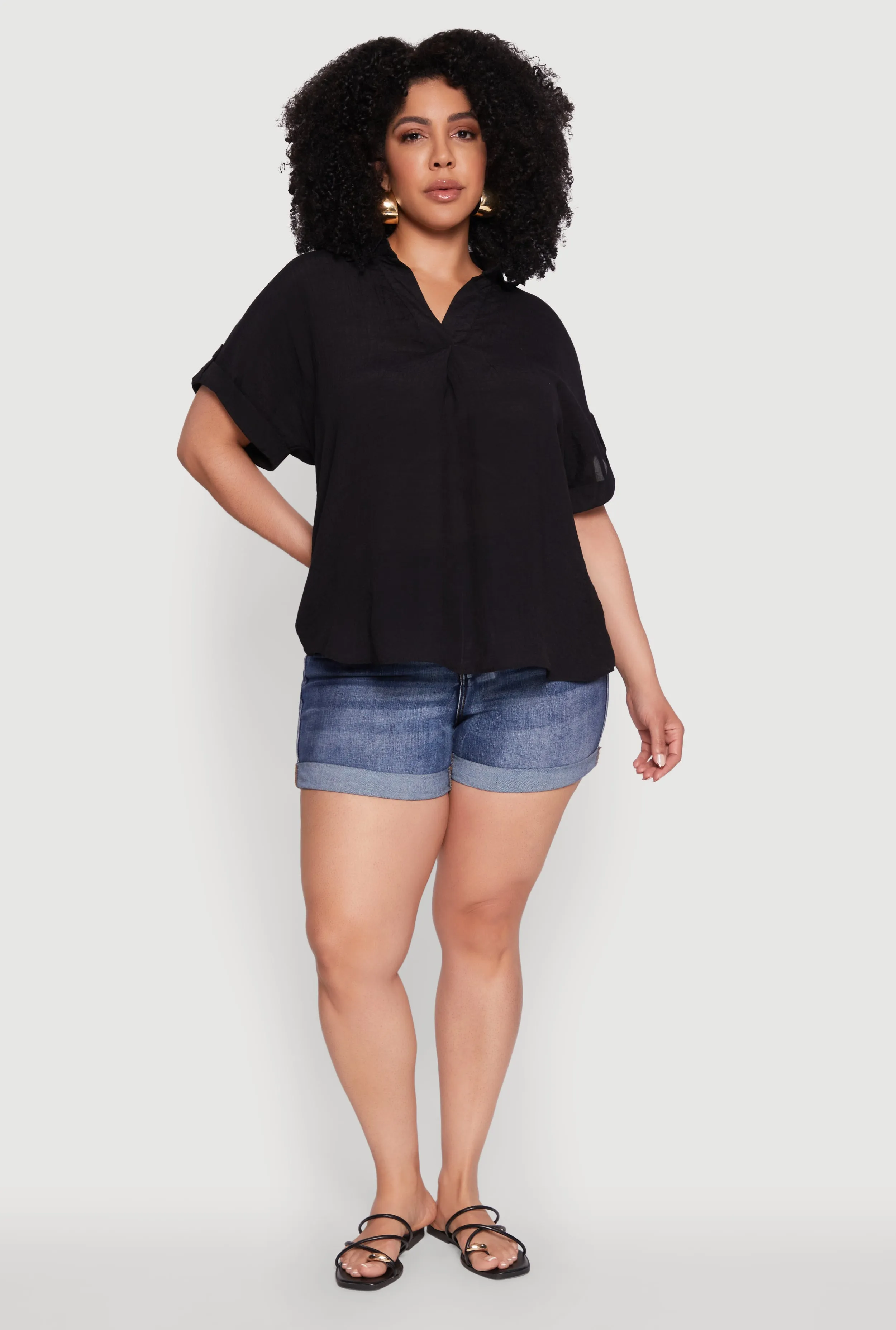 Plus Size Gauze Knit Button Front Short Sleeve Shirt sold by Rainbow