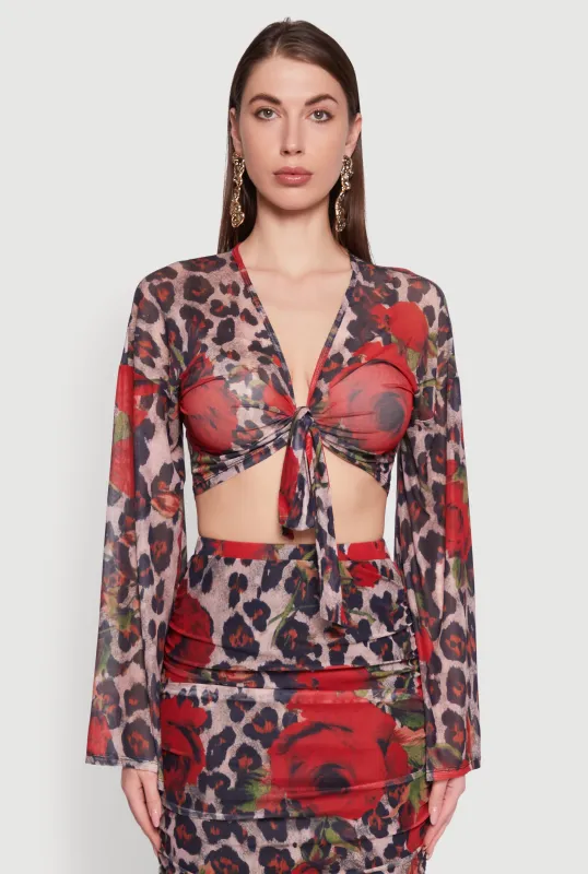 Mesh Jaguar Rose Print Tie Front Crop Top sold by Rainbow