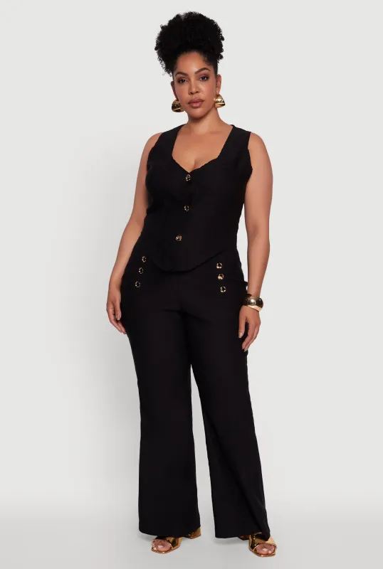 Plus Size Wide Leg Sailor Pants with Faux Buttons sold by Rainbow