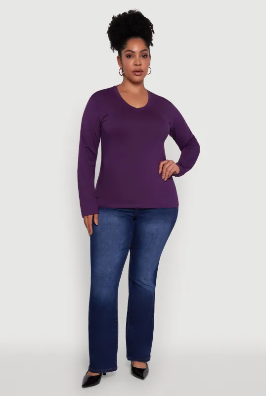 Plus Size Basic V Neck Long Sleeve T-Shirt sold by Rainbow